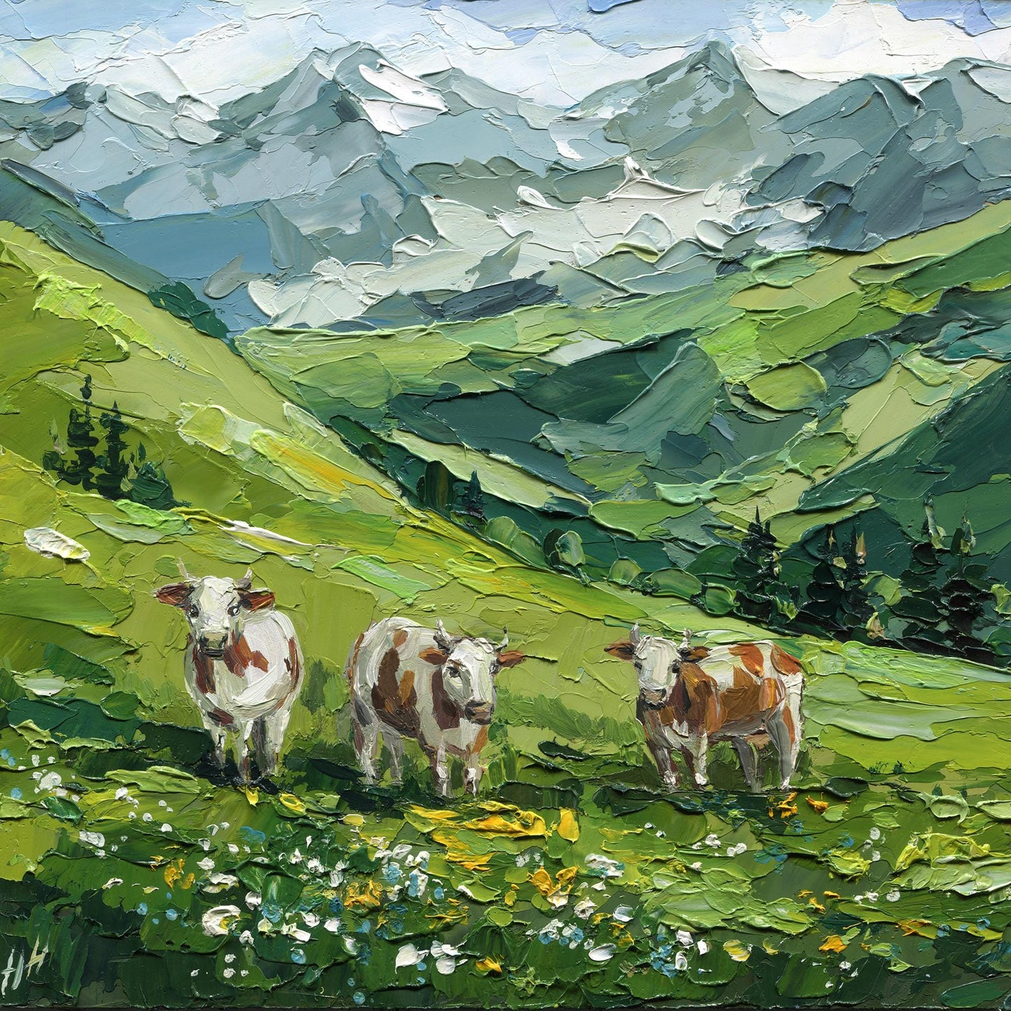 Mountain Landscape Meadow Oil Painting, Textured Impasto Alpine Cows Art, Rustic Wall Decor