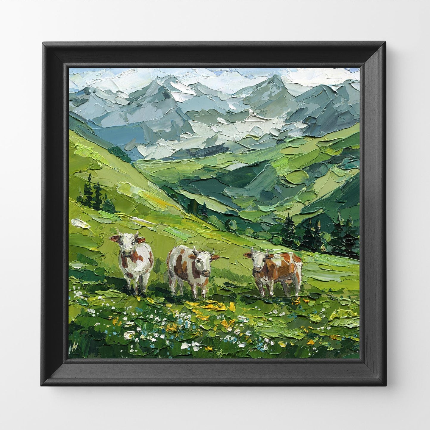 Mountain Landscape Meadow Oil Painting, Textured Impasto Alpine Cows Art, Rustic Wall Decor
