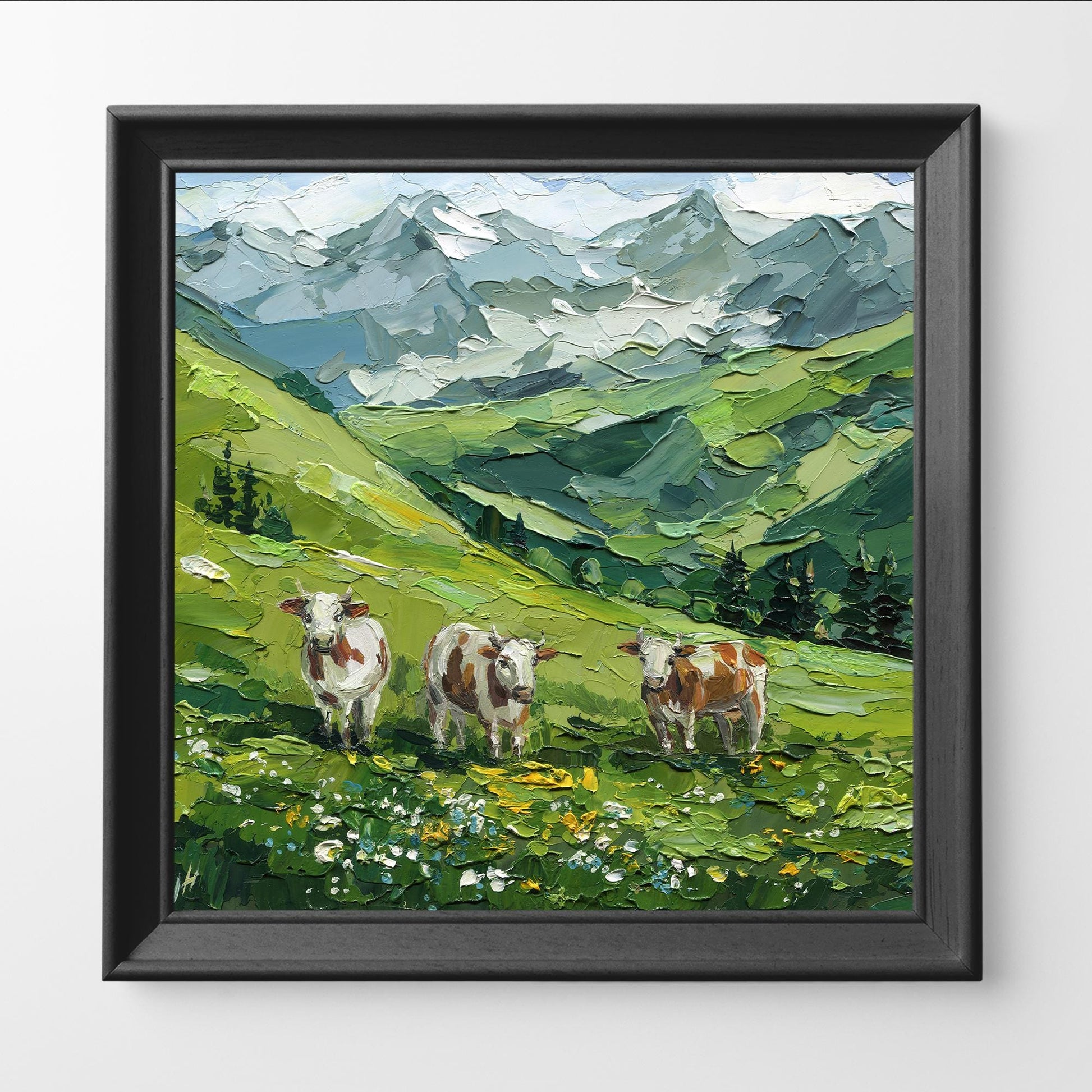 Mountain Landscape Meadow Oil Painting, Textured Impasto Alpine Cows Art, Rustic Wall Decor