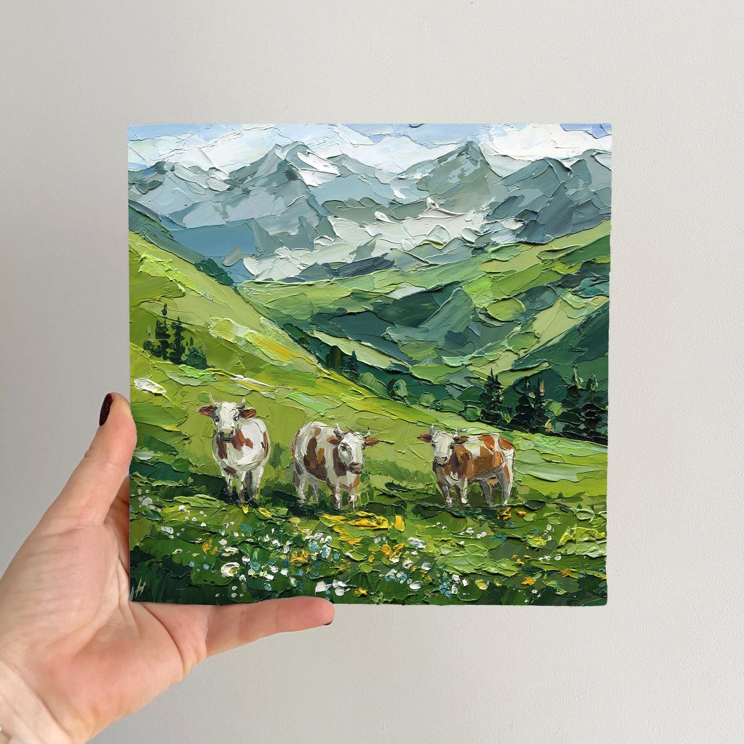 Mountain Landscape Meadow Oil Painting, Textured Impasto Alpine Cows Art, Rustic Wall Decor