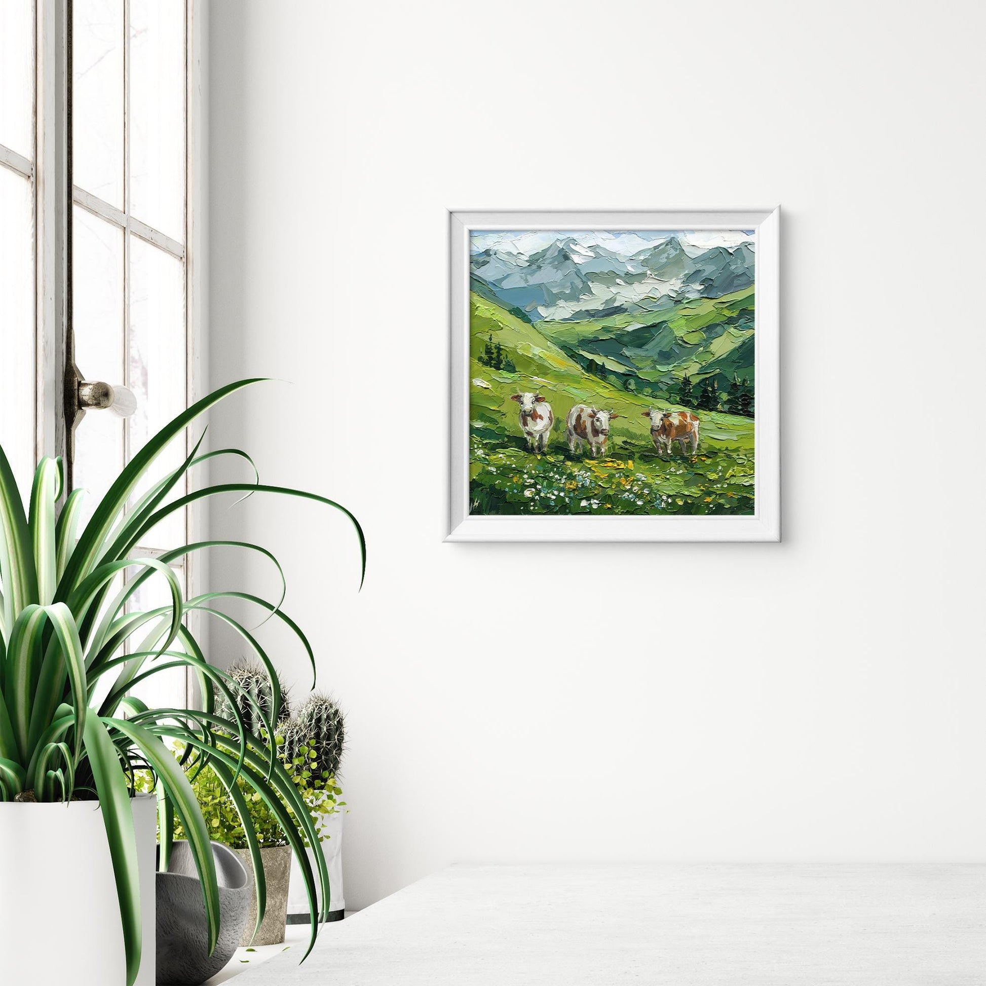 Mountain Landscape Meadow Oil Painting, Textured Impasto Alpine Cows Art, Rustic Wall Decor