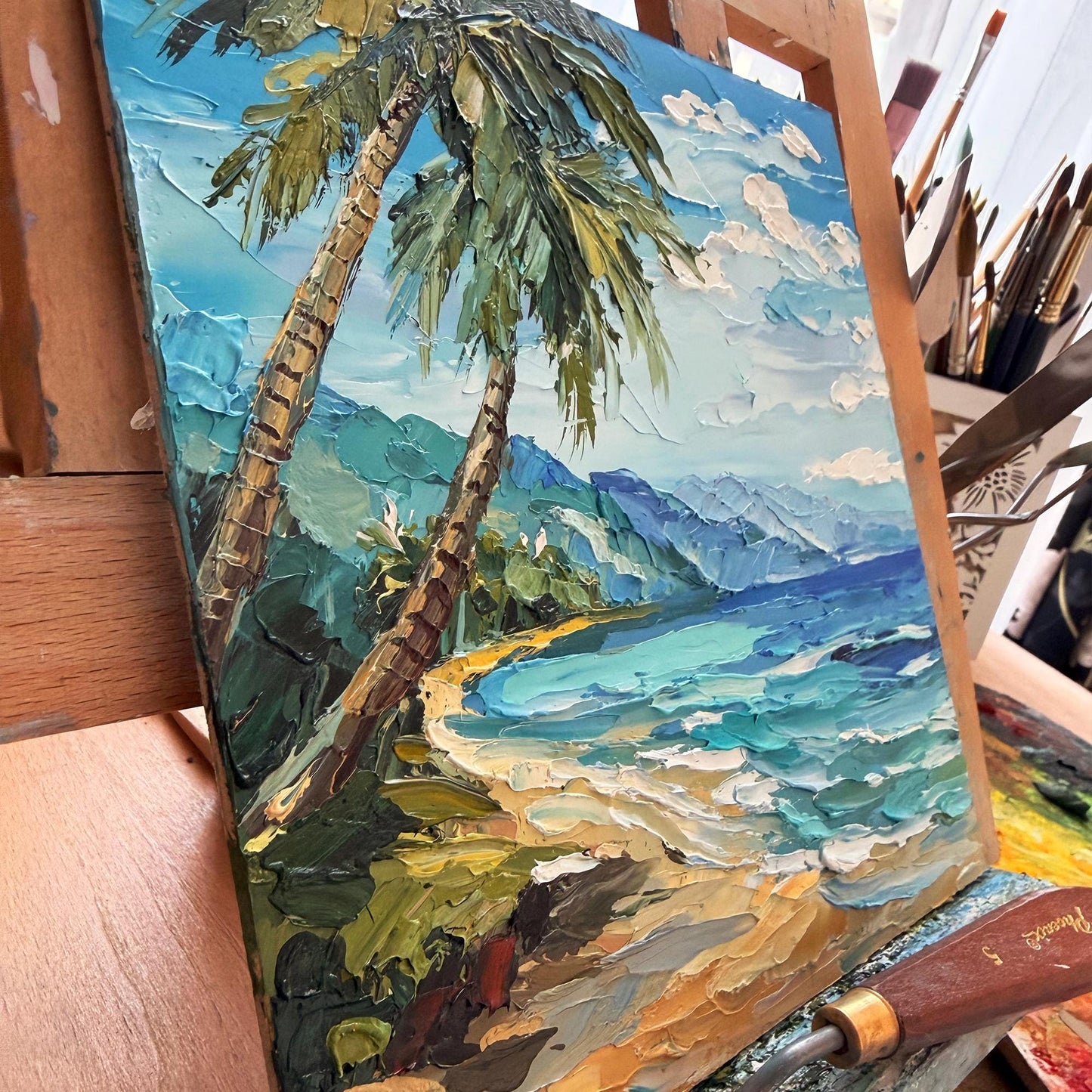 Hawaii oil painting: tropical beach seascape with palm trees in impasto palette knife technique