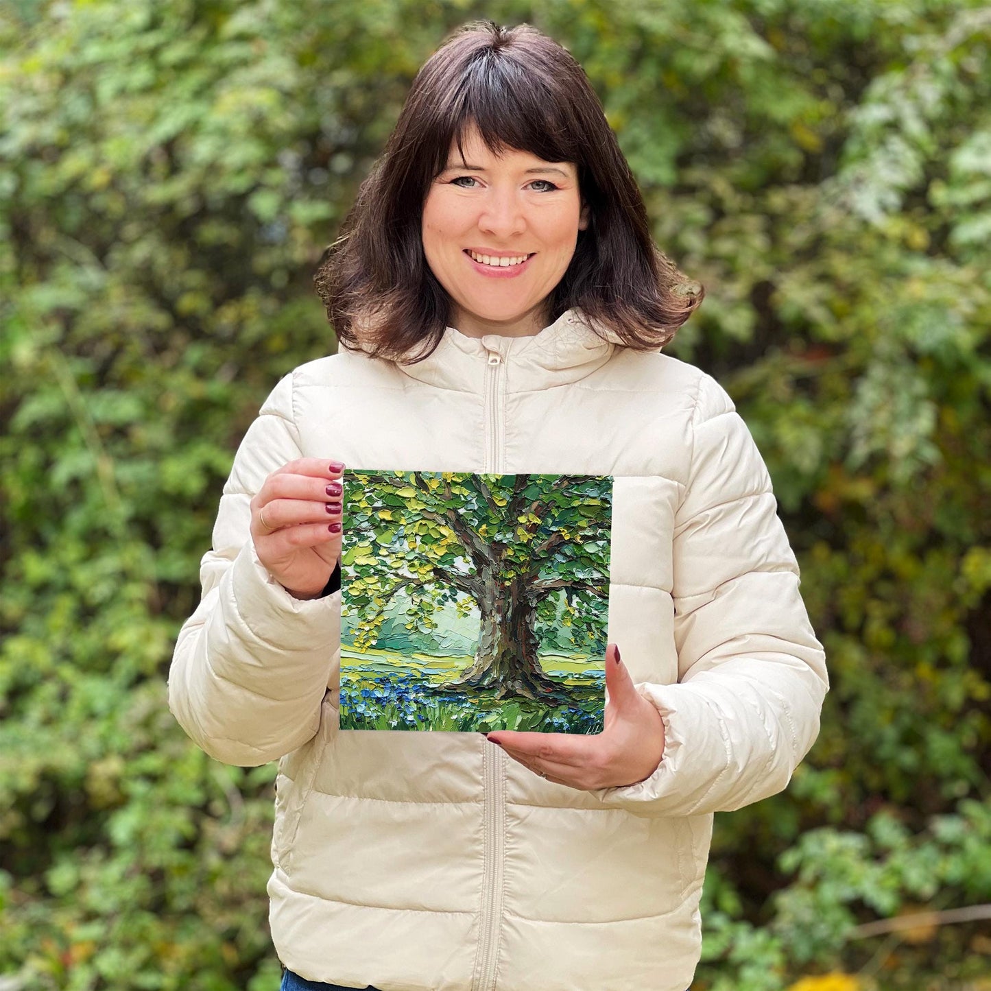 Oak Tree Oil Painting: Textured Landscape Valley, Original Impasto Palette Knife Art