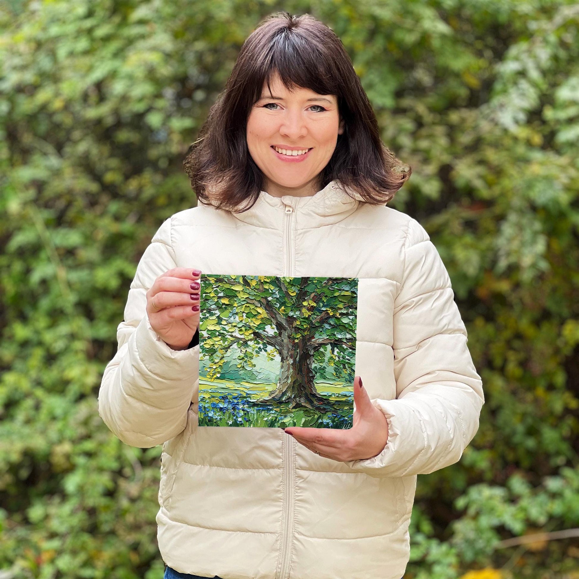 Oak Tree Oil Painting: Textured Landscape Valley, Original Impasto Palette Knife Art