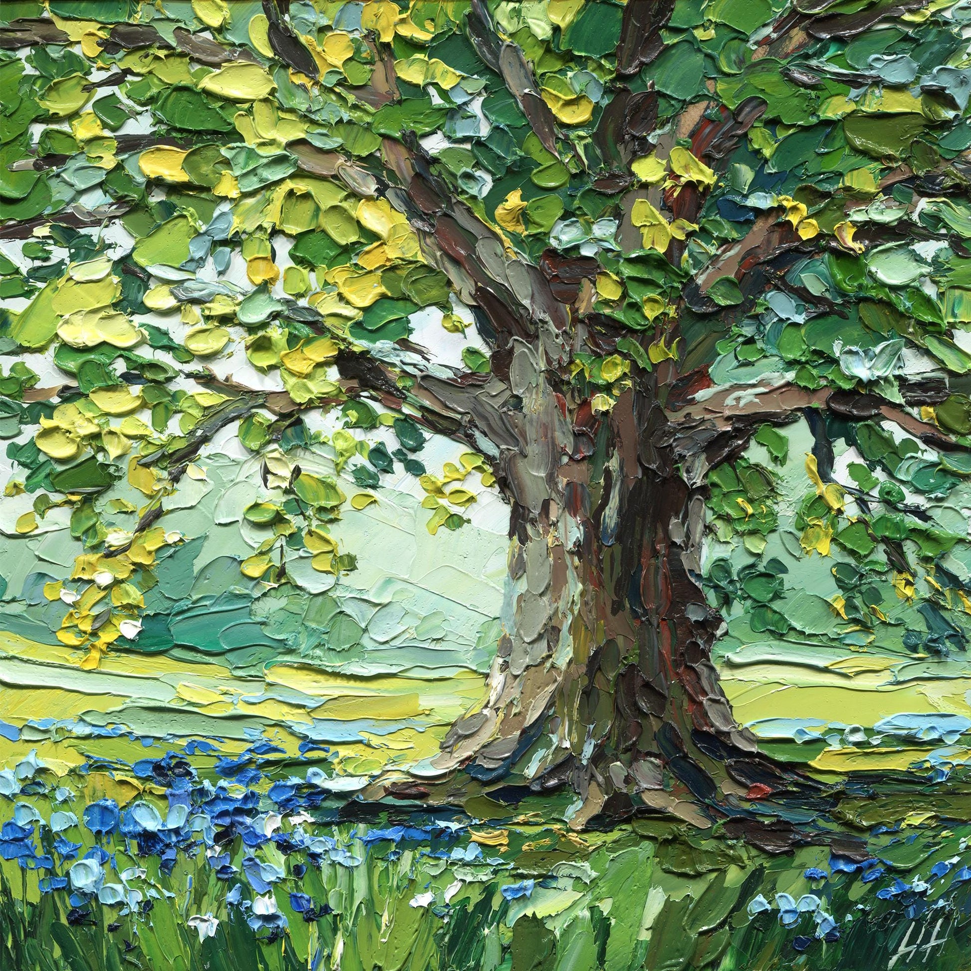 Oak Tree Oil Painting: Textured Landscape Valley, Original Impasto Palette Knife Art
