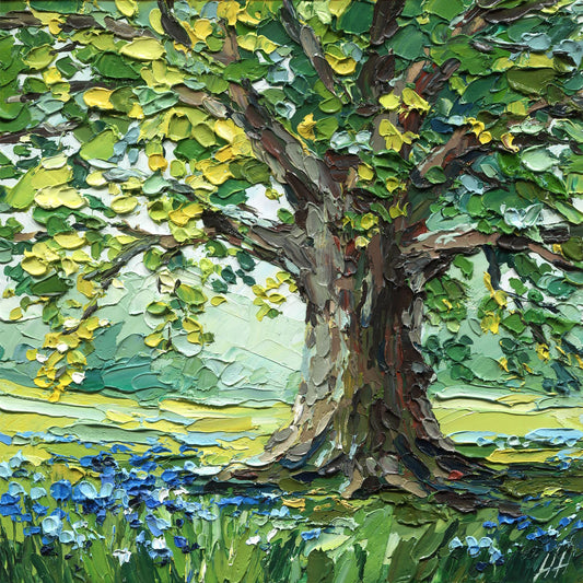 Oak Tree Oil Painting: Textured Landscape Valley, Original Impasto Palette Knife Art