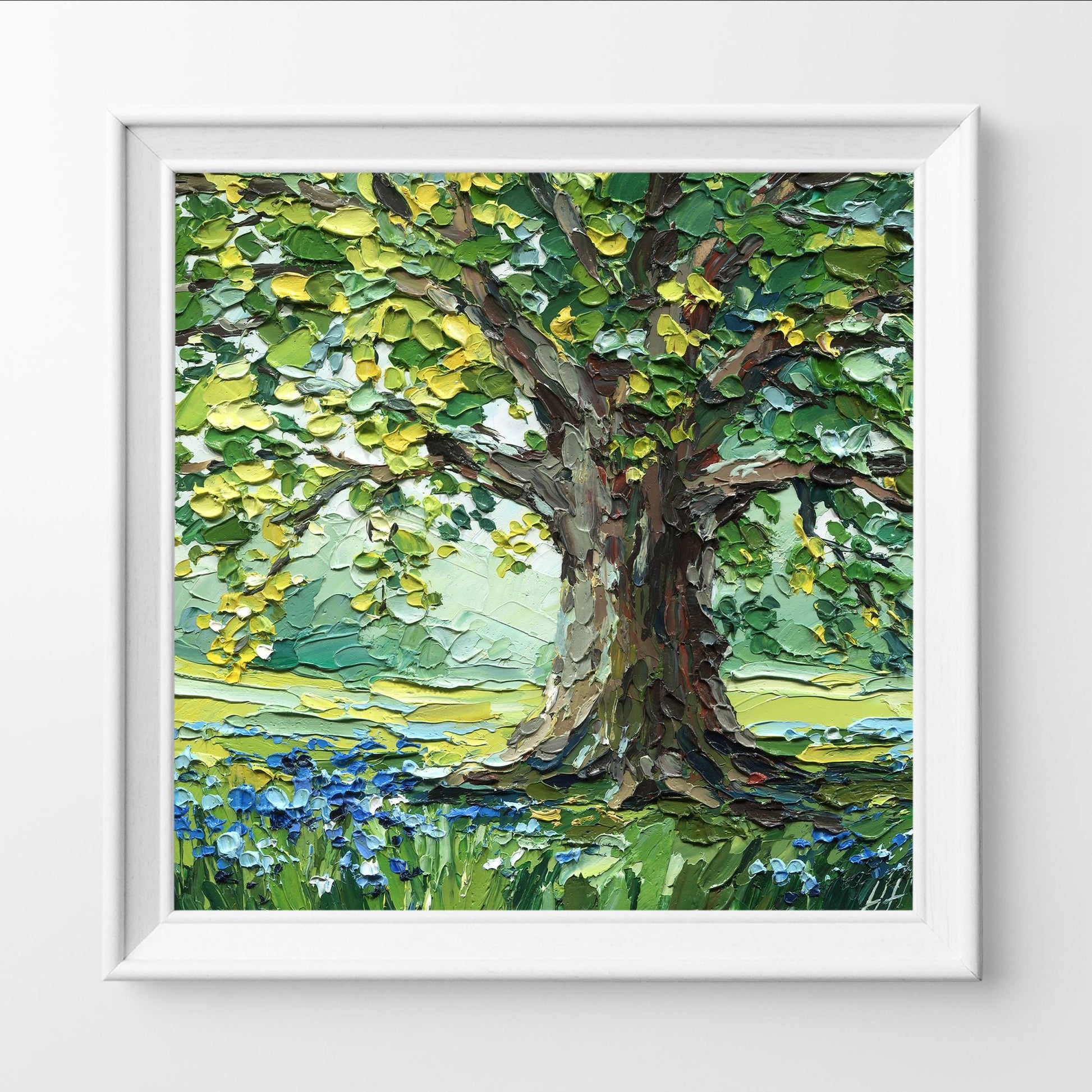 Oak Tree Oil Painting: Textured Landscape Valley, Original Impasto Palette Knife Art