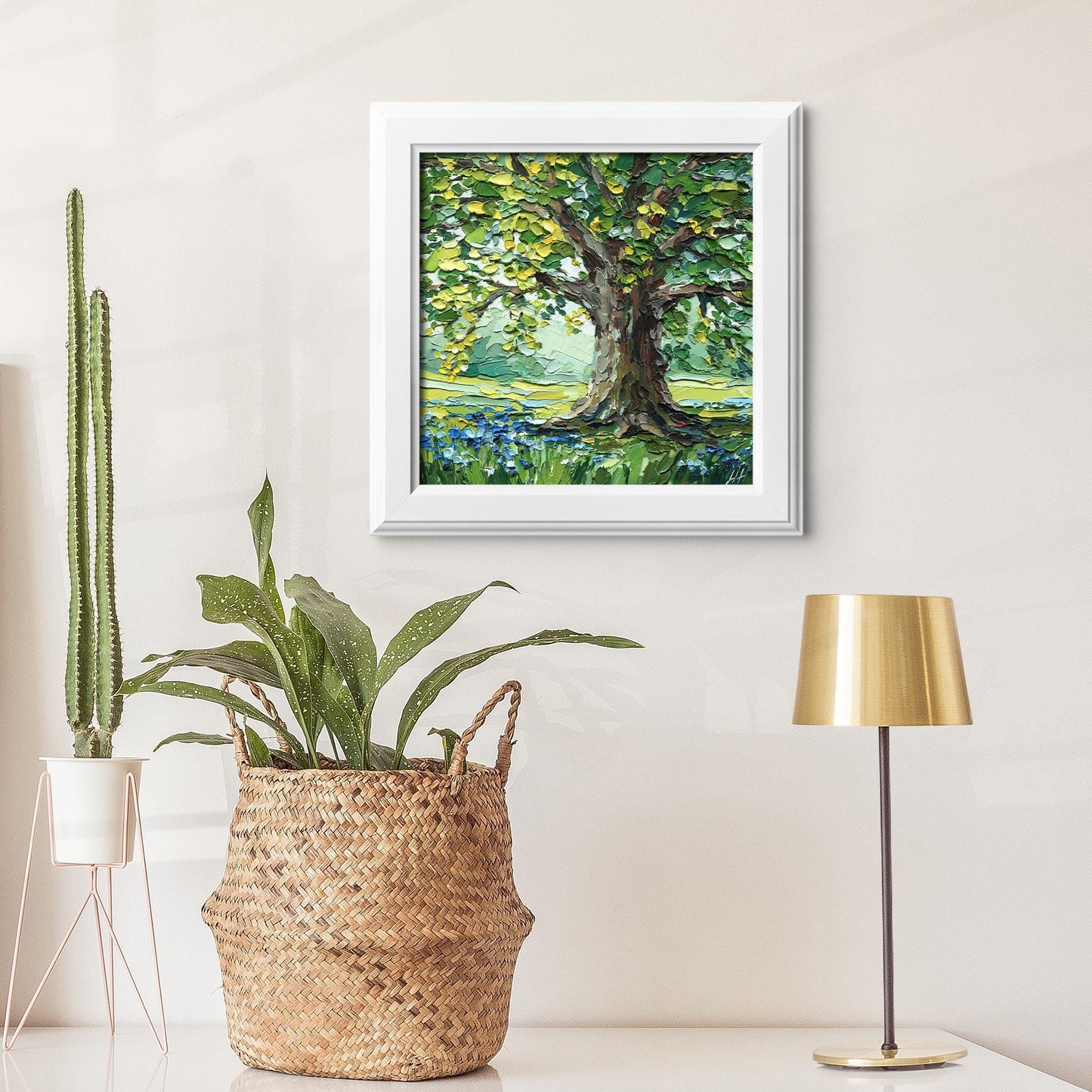 Oak Tree Oil Painting: Textured Landscape Valley, Original Impasto Palette Knife Art