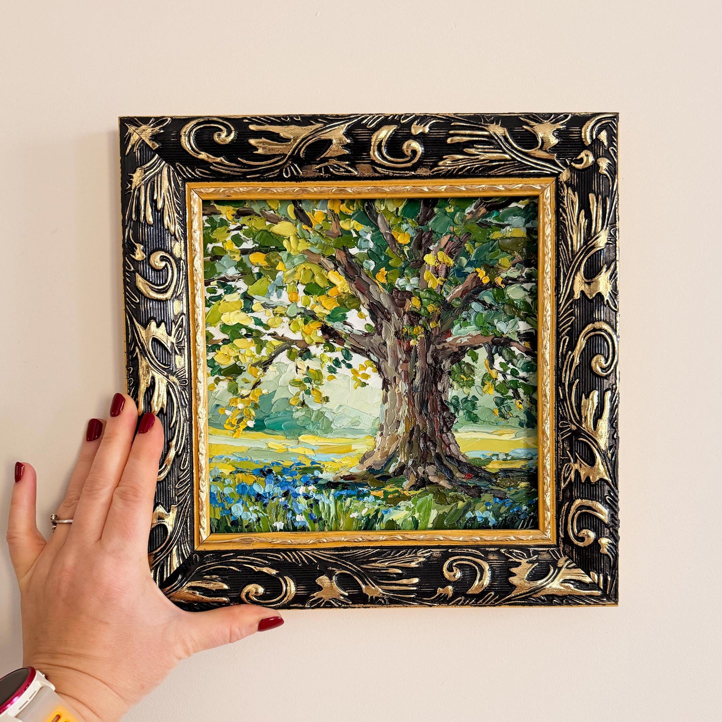 Oak Tree Oil Painting: Textured Landscape Valley, Original Impasto Palette Knife Art