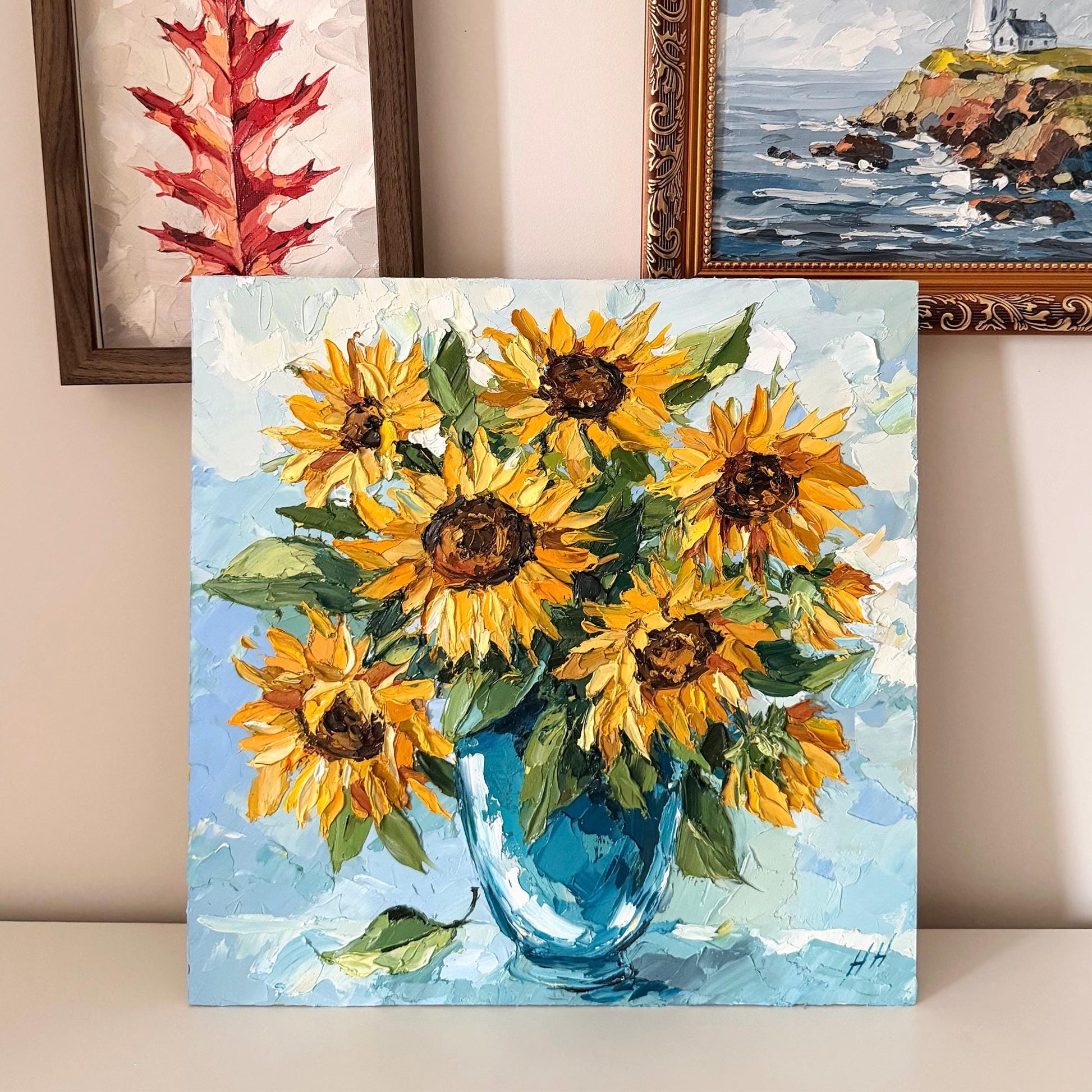 Original Oil Painting sunflower bouquet, Impasto Palette Knife Floral Art, Blue Vase Still Life