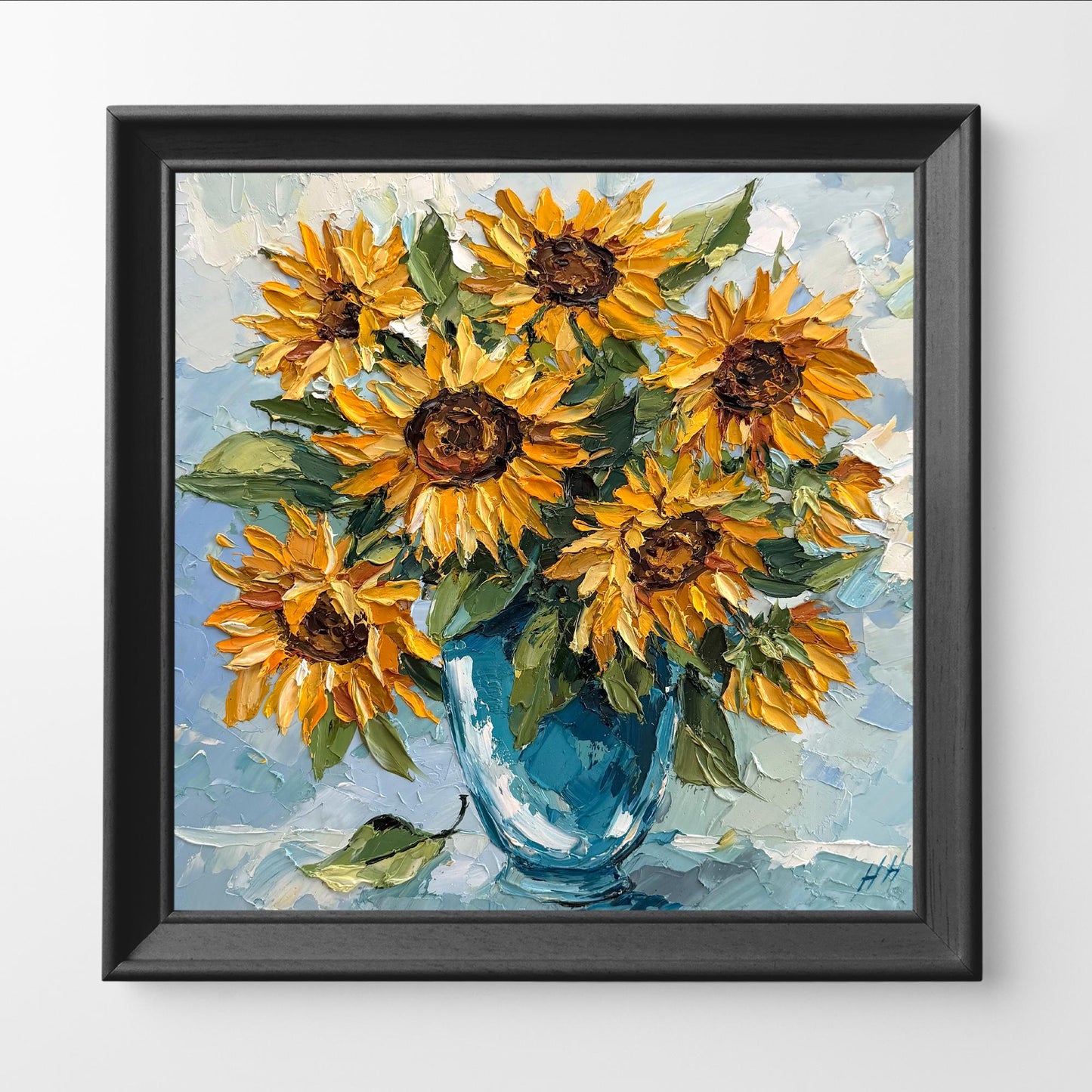 Original Oil Painting sunflower bouquet, Impasto Palette Knife Floral Art, Blue Vase Still Life