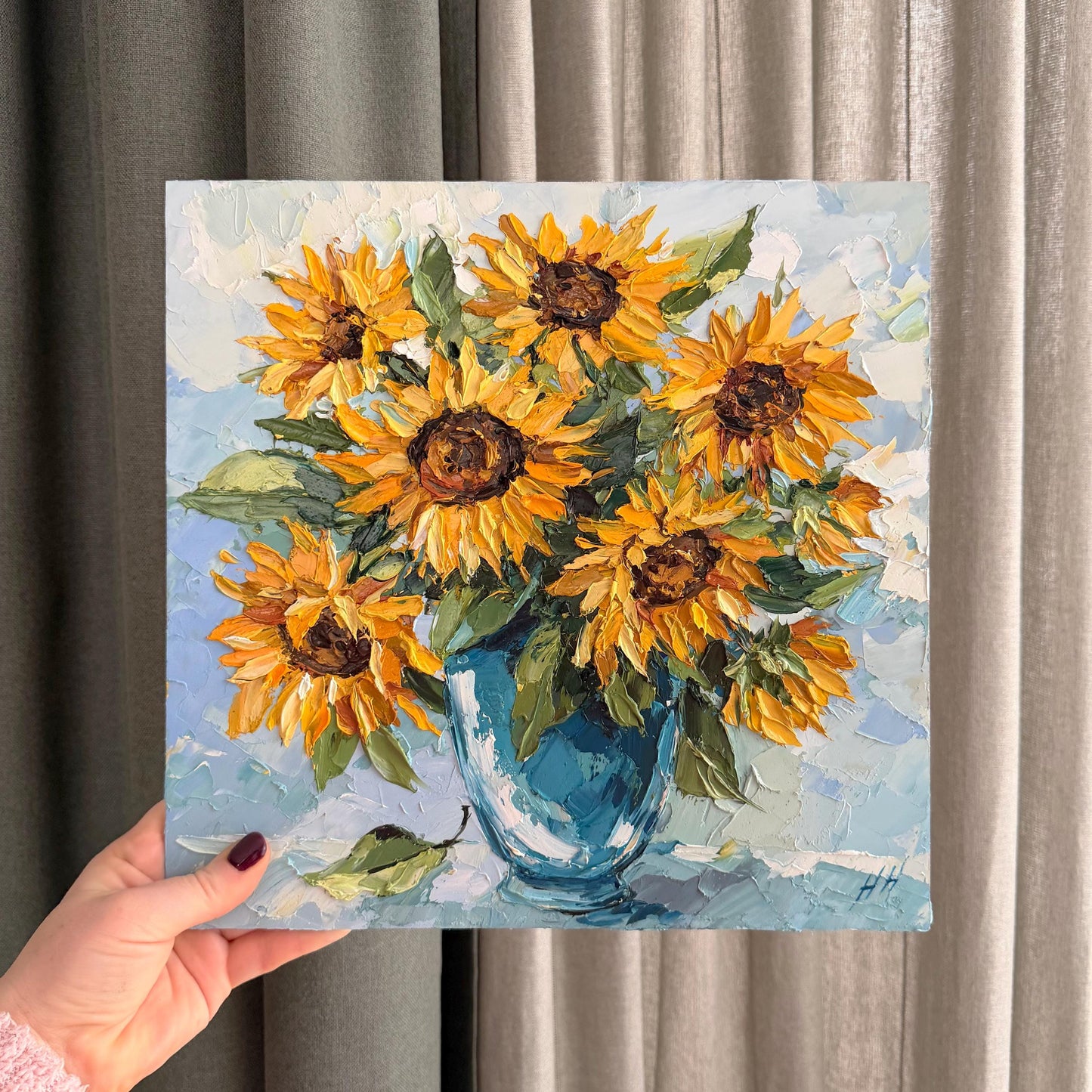 Original Oil Painting sunflower bouquet, Impasto Palette Knife Floral Art, Blue Vase Still Life