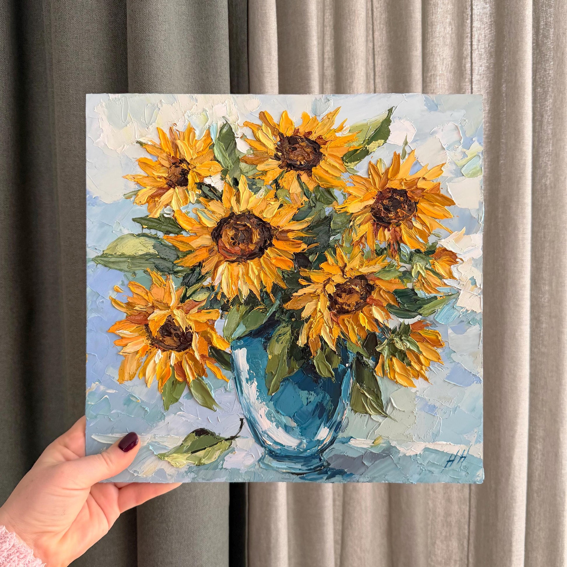 Original Oil Painting sunflower bouquet, Impasto Palette Knife Floral Art, Blue Vase Still Life