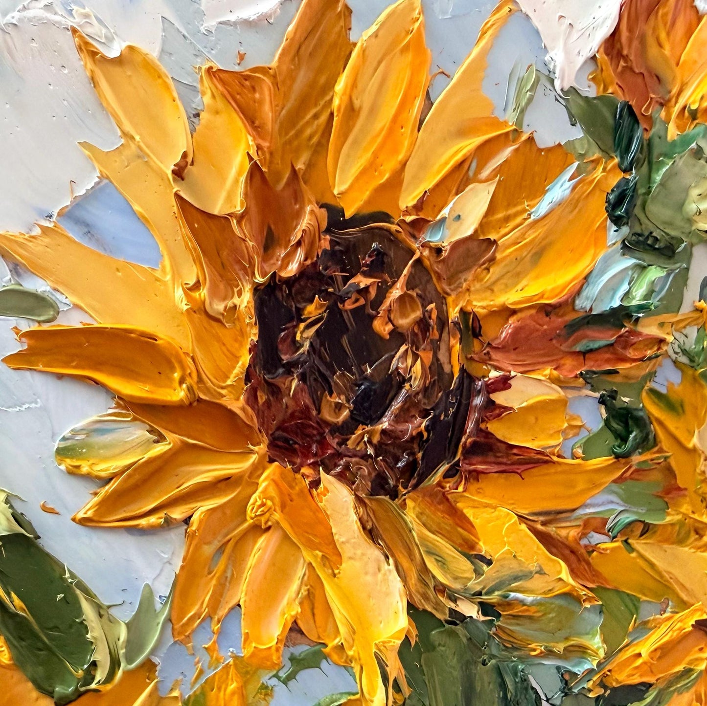 Original Oil Painting sunflower bouquet, Impasto Palette Knife Floral Art, Blue Vase Still Life