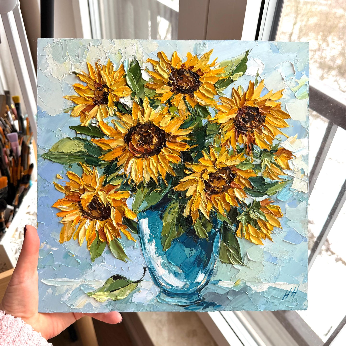 Original Oil Painting sunflower bouquet, Impasto Palette Knife Floral Art, Blue Vase Still Life