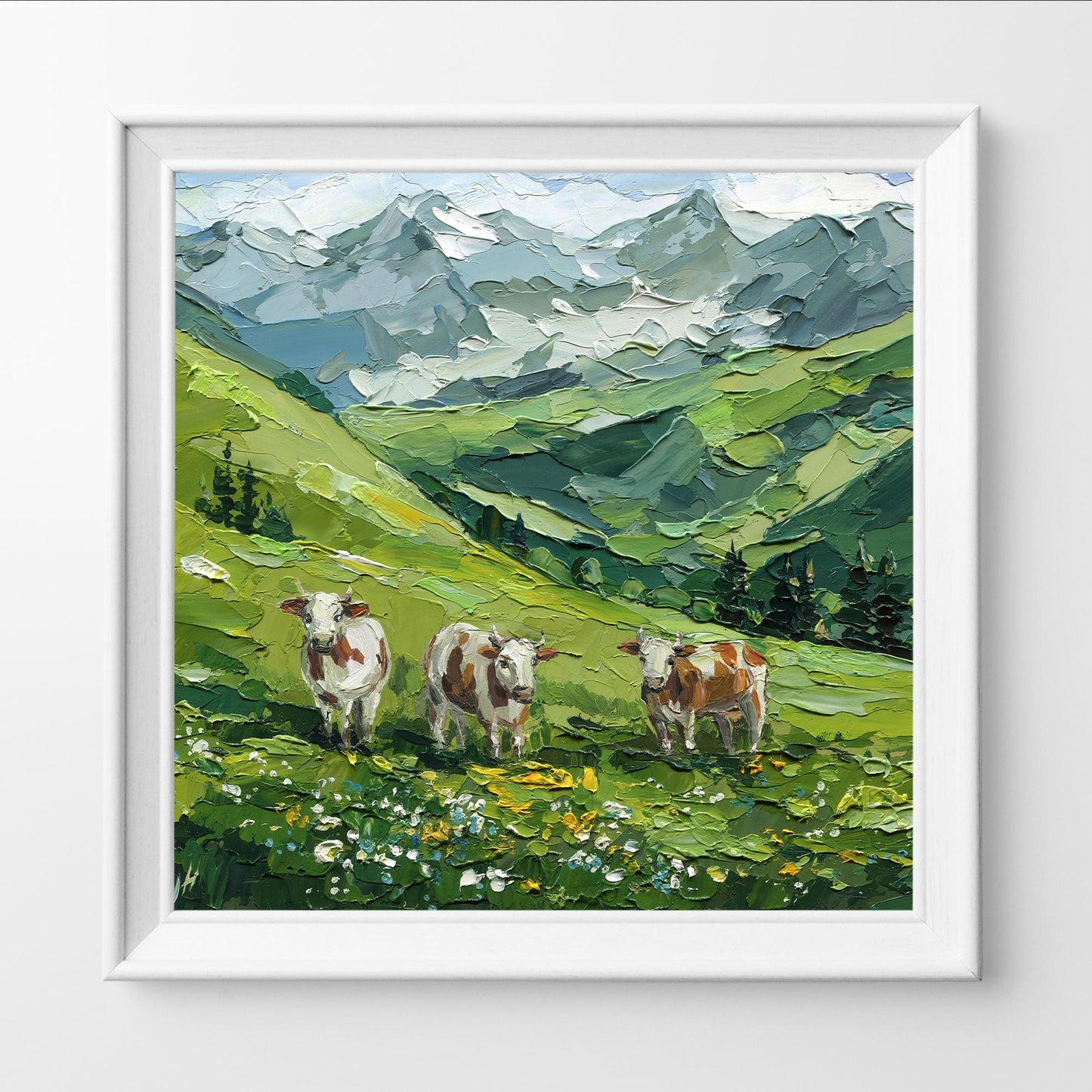 Mountain Landscape Meadow Oil Painting, Textured Impasto Alpine Cows Art, Rustic Wall Decor