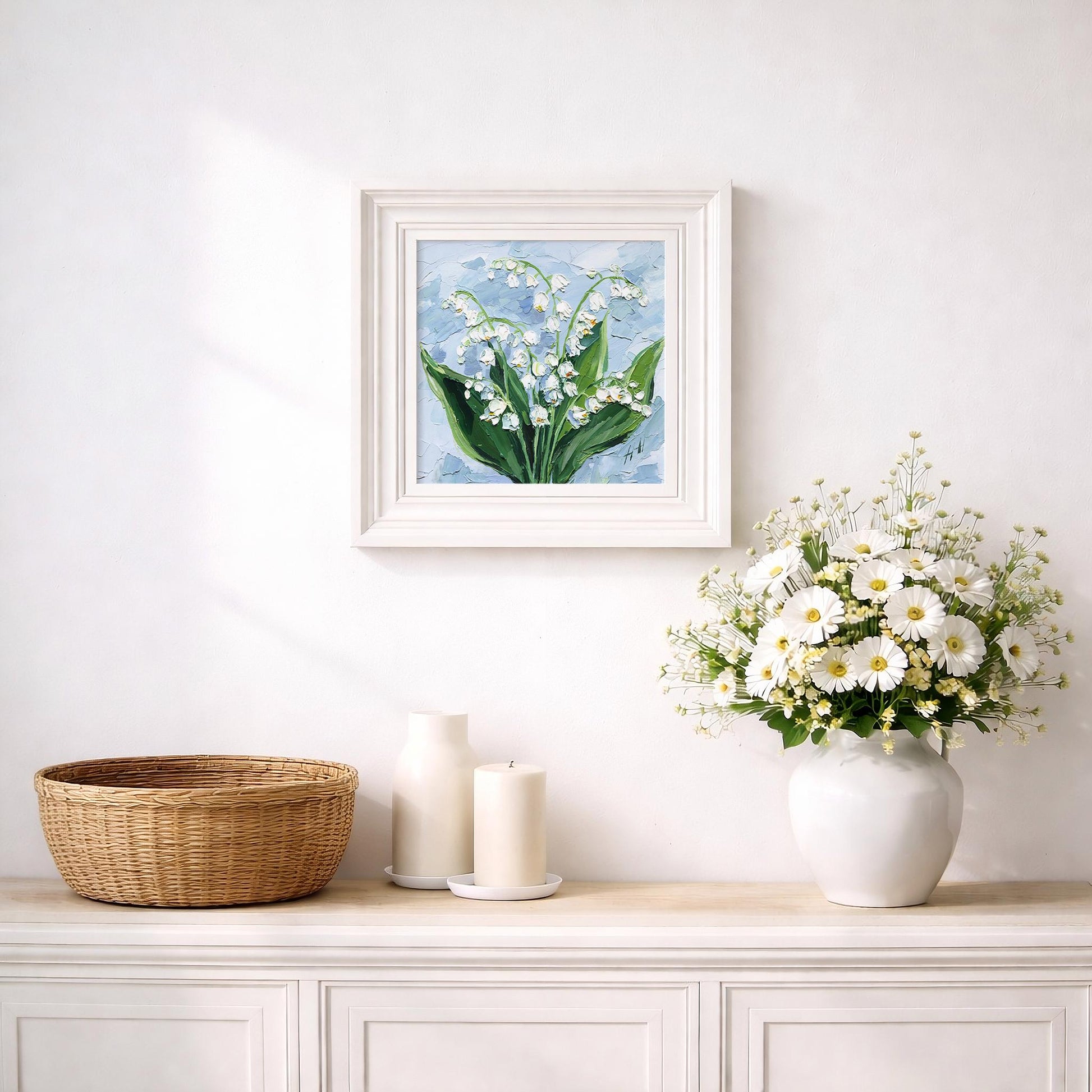 Original Oil Painting Lily of the Valley, Impasto Textured Floral Wall Art Palette Knife