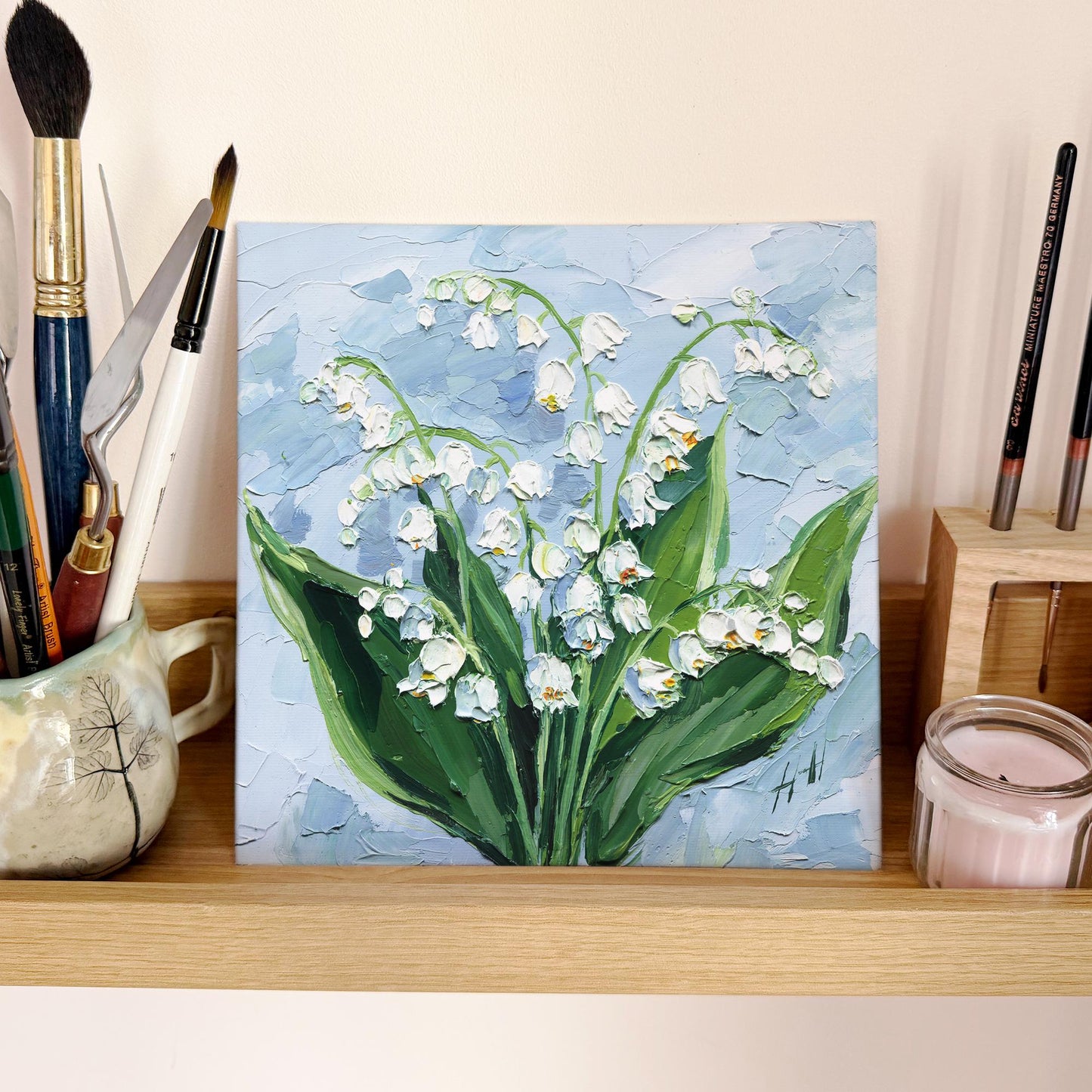 Original Oil Painting Lily of the Valley, Impasto Textured Floral Wall Art Palette Knife