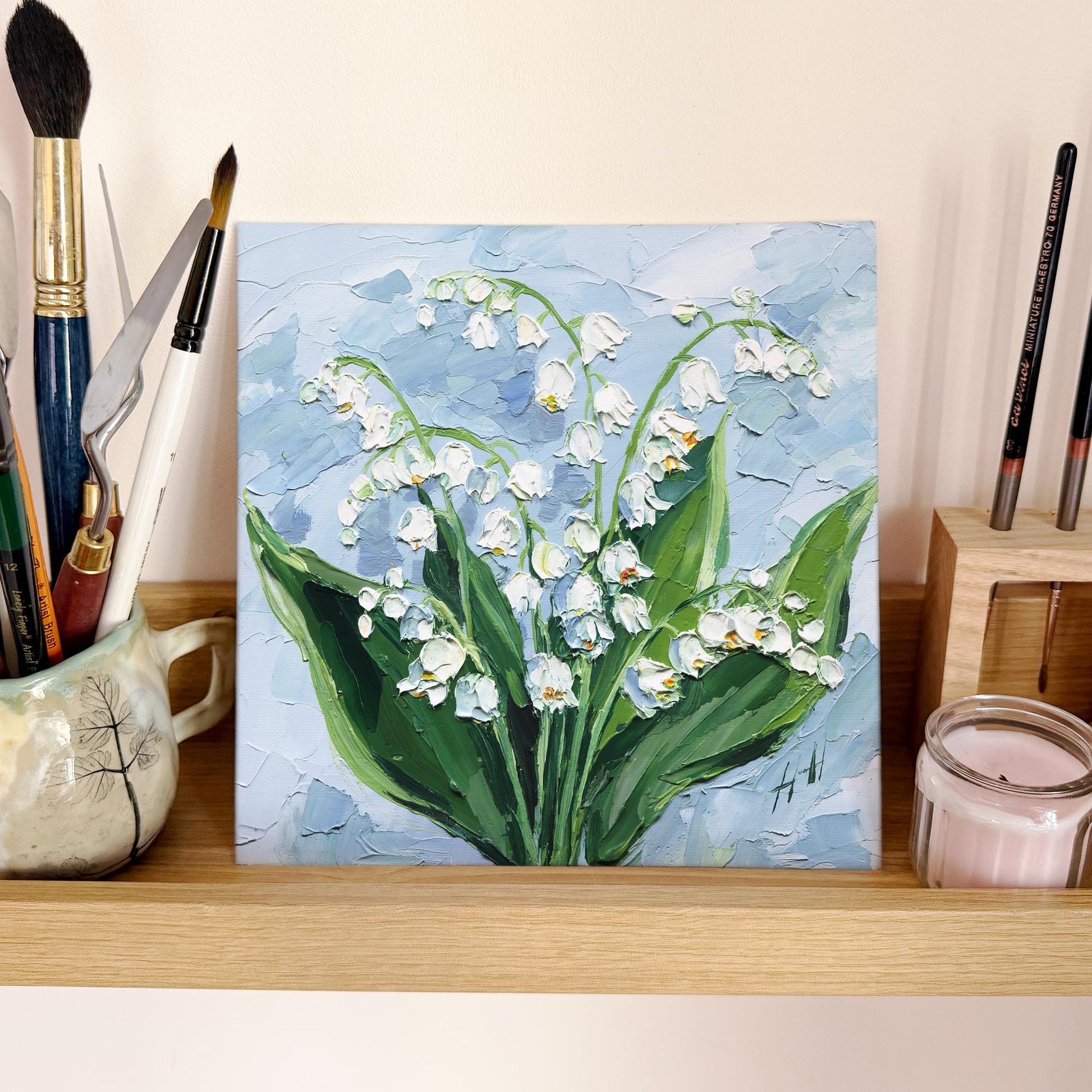 Original Oil Painting Lily of the Valley, Impasto Textured Floral Wall Art Palette Knife