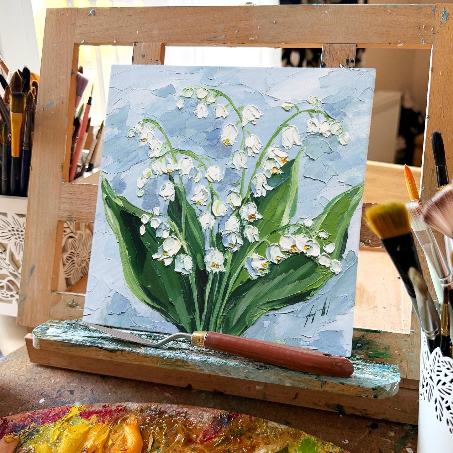 Original Oil Painting Lily of the Valley, Impasto Textured Floral Wall Art Palette Knife