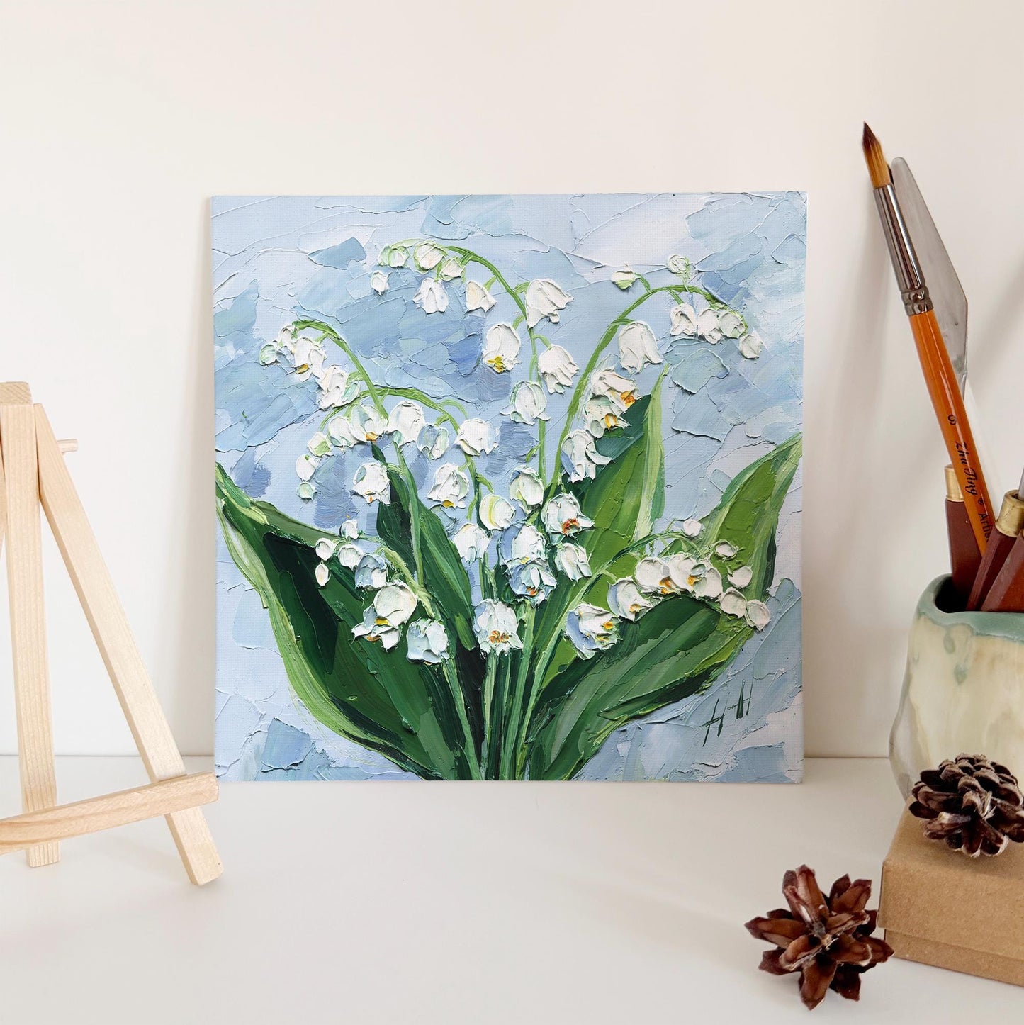 Original Oil Painting Lily of the Valley, Impasto Textured Floral Wall Art Palette Knife