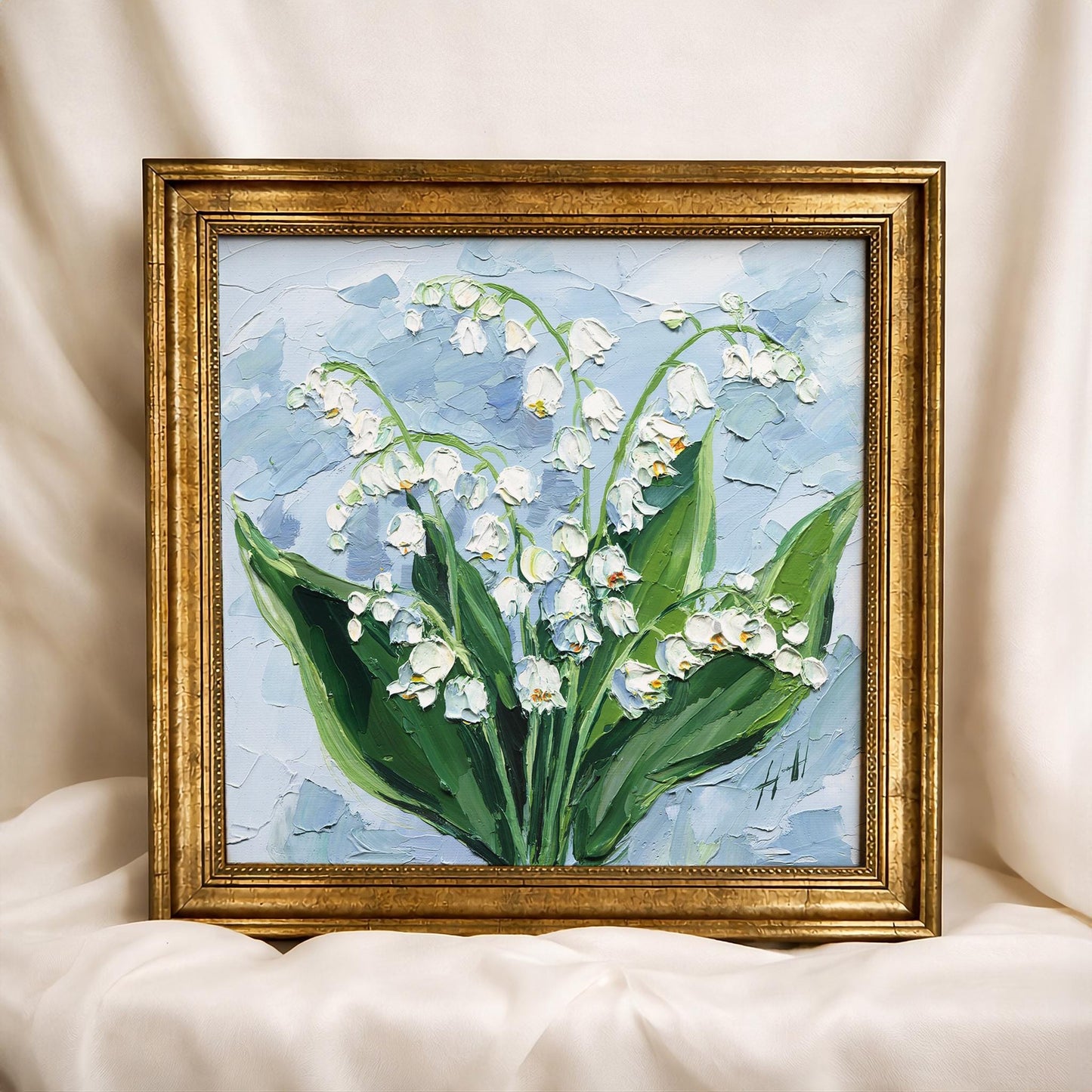 Original Oil Painting Lily of the Valley, Impasto Textured Floral Wall Art Palette Knife