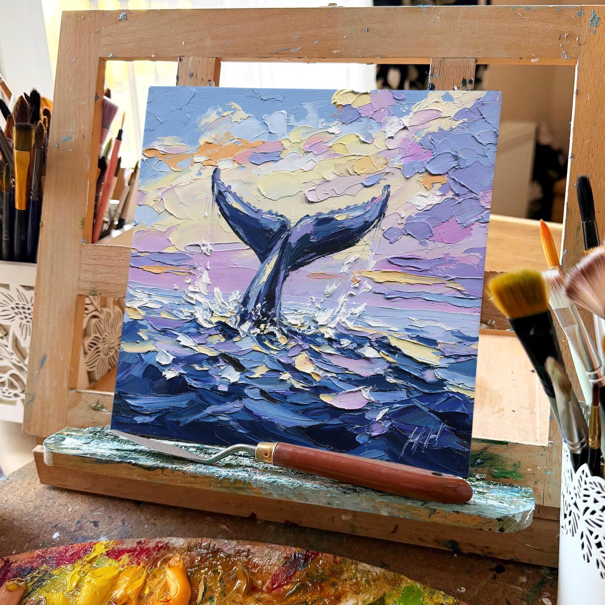 Whale Tail Oil Painting: Palette Knife Textured Ocean Art, Seascape wall decor
