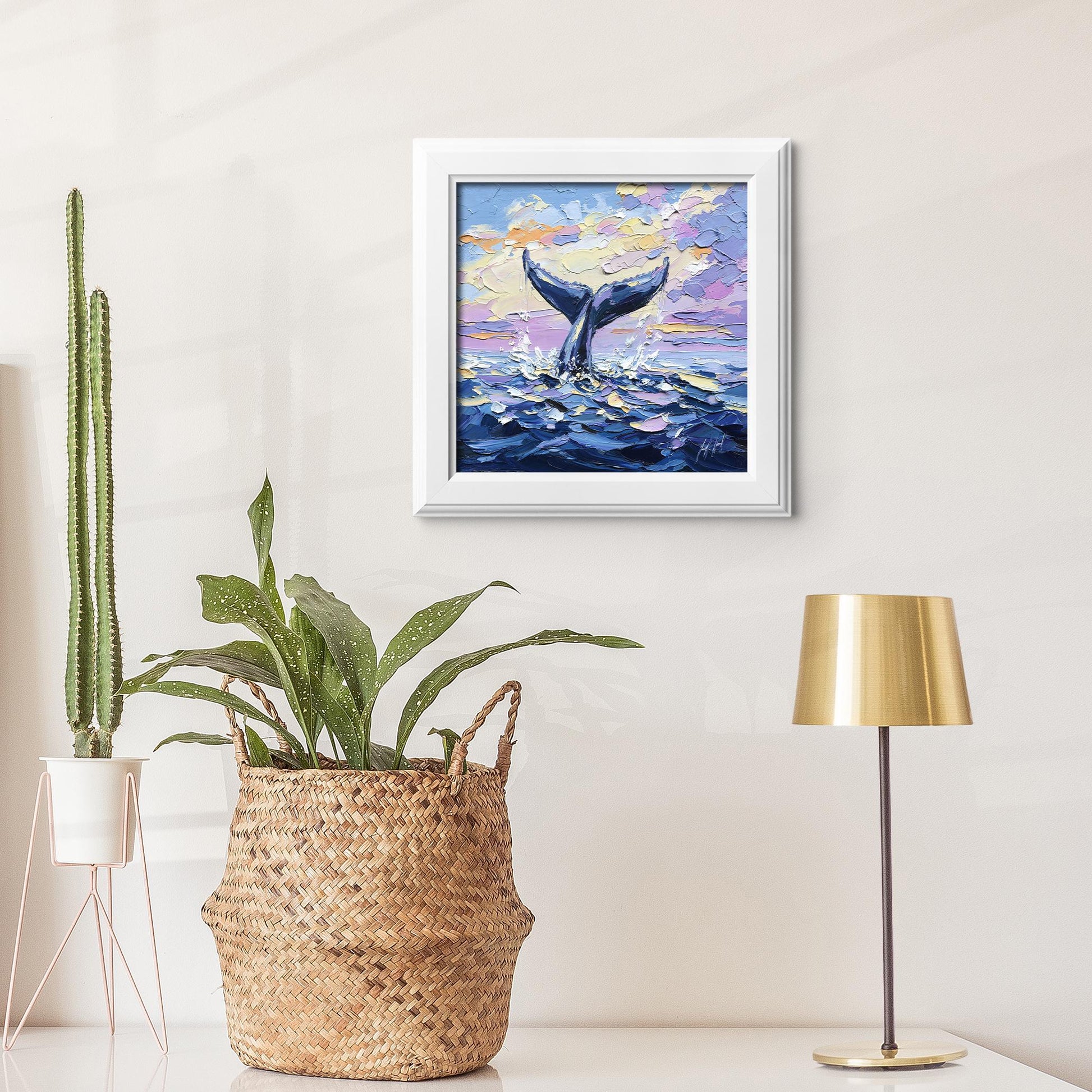 Whale Tail Oil Painting: Palette Knife Textured Ocean Art, Seascape wall decor