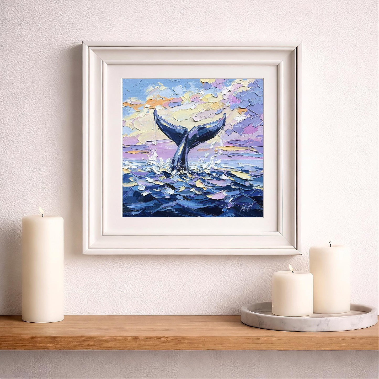Whale Tail Oil Painting: Palette Knife Textured Ocean Art, Seascape wall decor