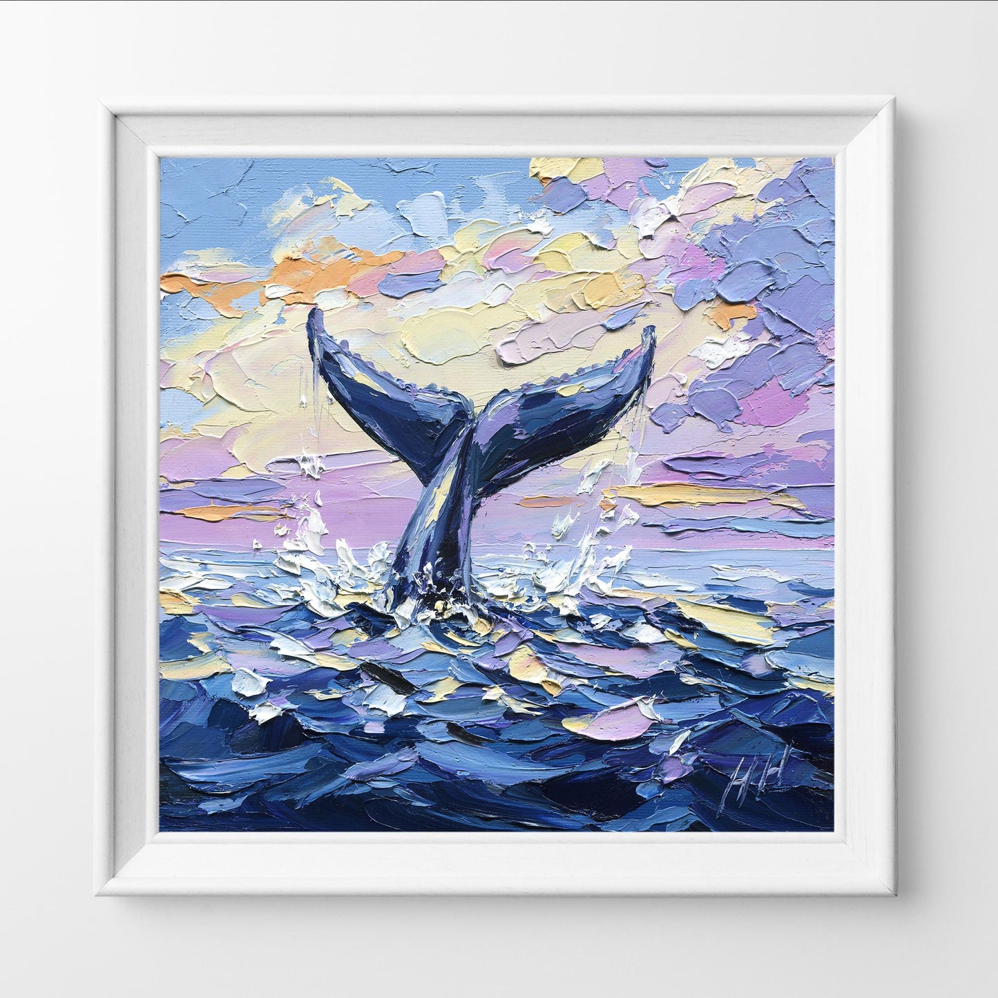 Whale Tail Oil Painting: Palette Knife Textured Ocean Art, Seascape wall decor