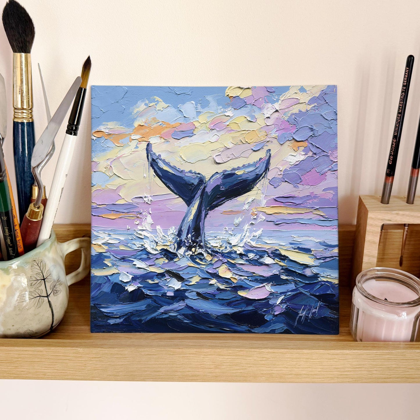 Whale Tail Oil Painting: Palette Knife Textured Ocean Art, Seascape wall decor