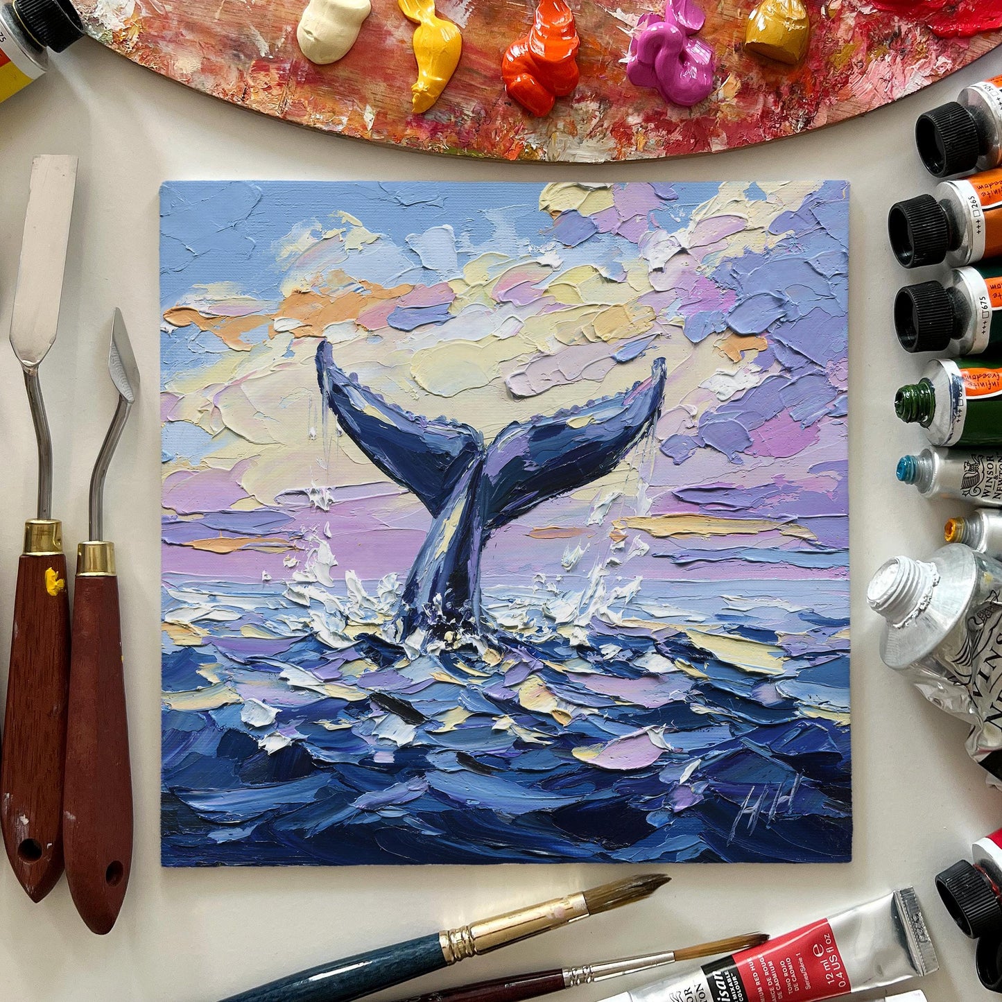 Whale Tail Oil Painting: Palette Knife Textured Ocean Art, Seascape wall decor