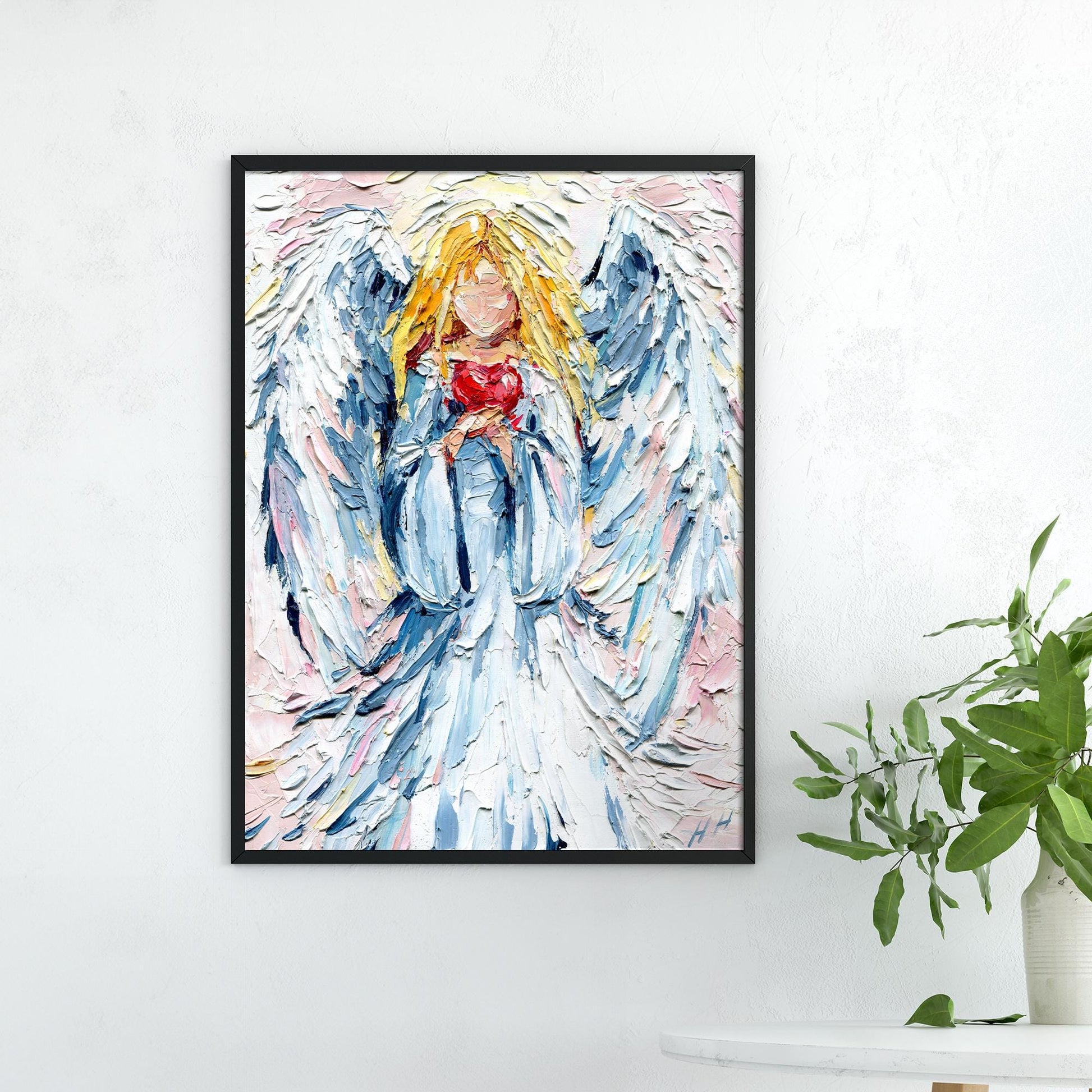 Guardian Angel Heart Oil Painting: Impasto Palette Knife Spiritual Art with Soft Pastel Tones