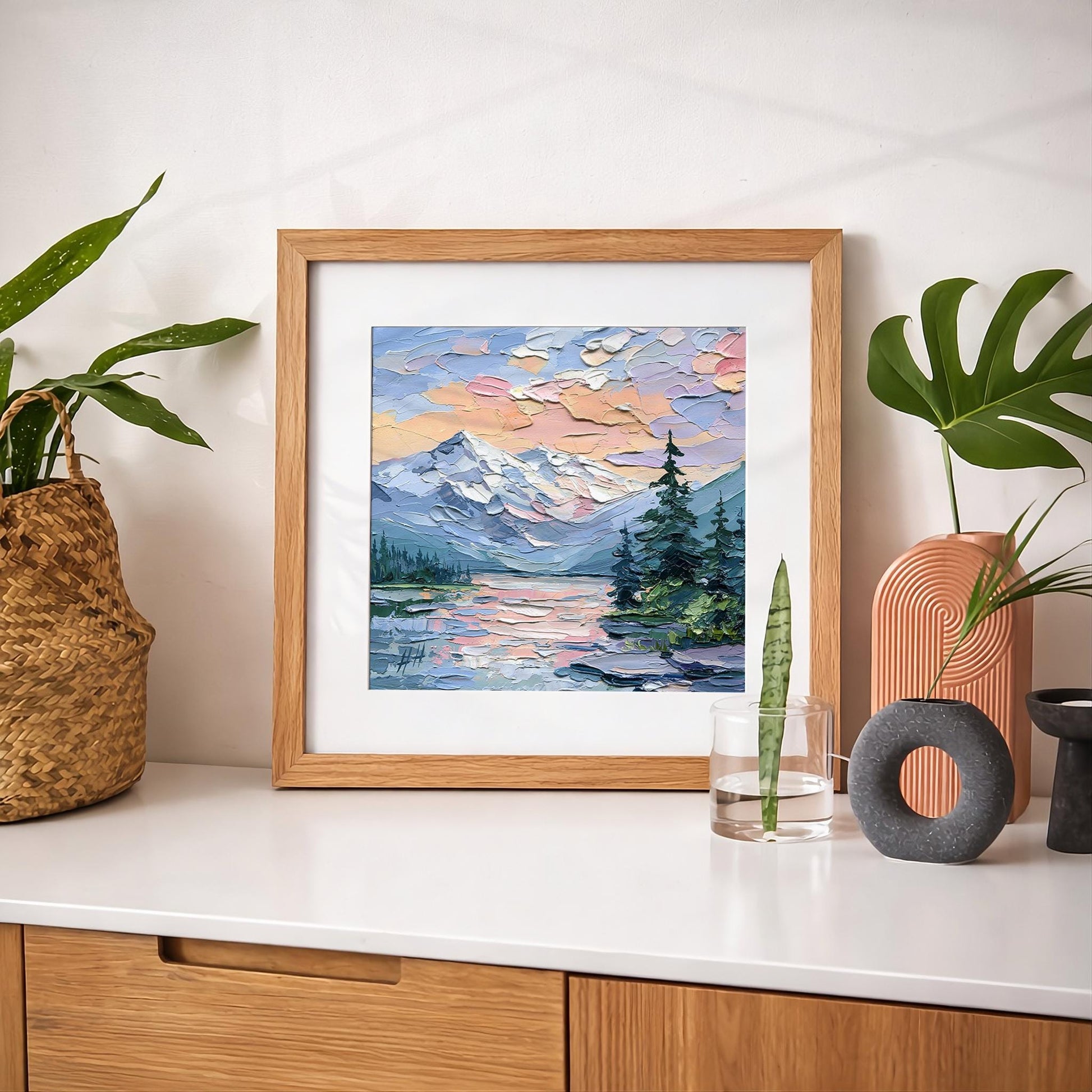 Original Oil Painting Mountain Lake at Sunset, Impasto Palette Knife Landscape, Nature Wall Art