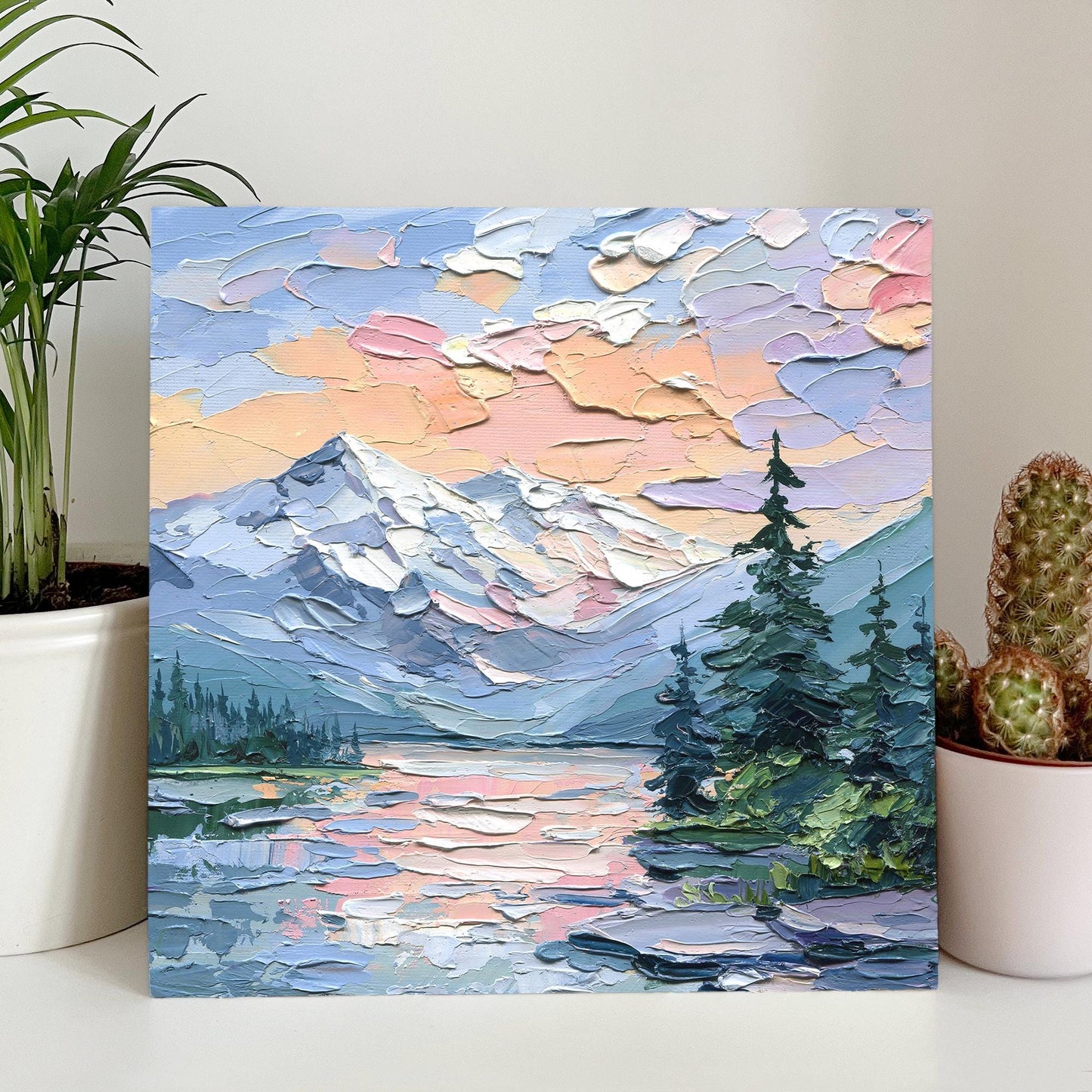 Original Oil Painting Mountain Lake at Sunset, Impasto Palette Knife Landscape, Nature Wall Art