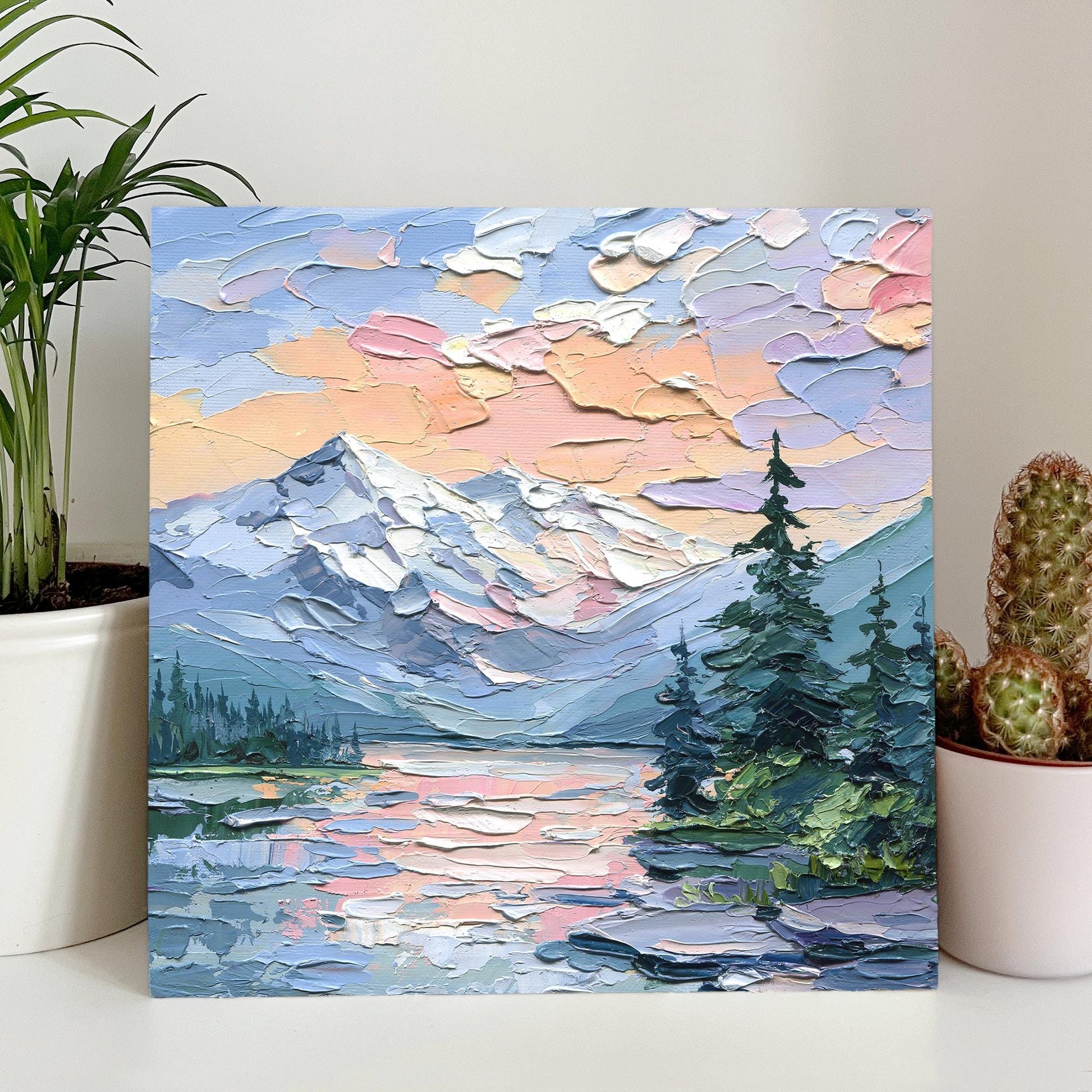 Original Oil Painting Mountain Lake at Sunset, Impasto Palette Knife Landscape, Nature Wall Art