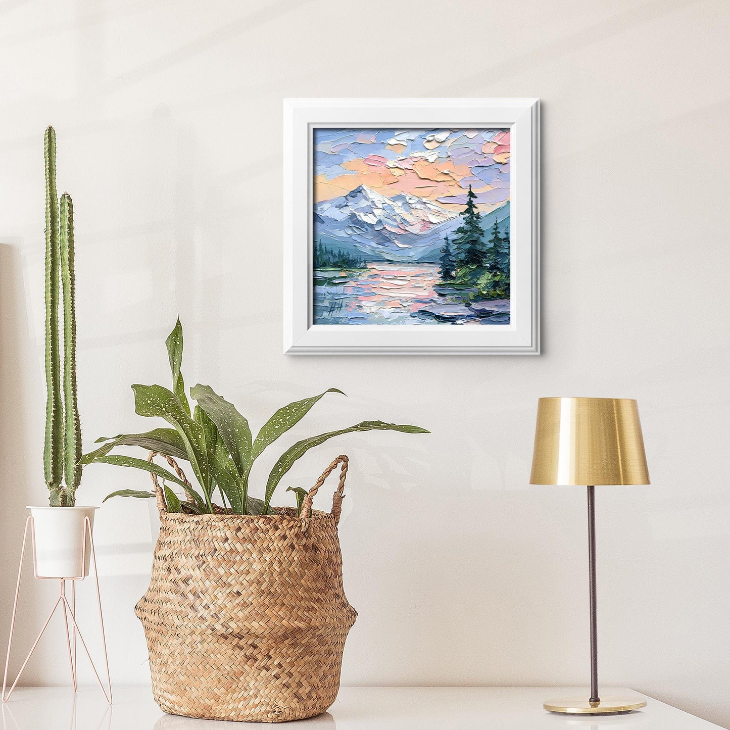 Original Oil Painting Mountain Lake at Sunset, Impasto Palette Knife Landscape, Nature Wall Art