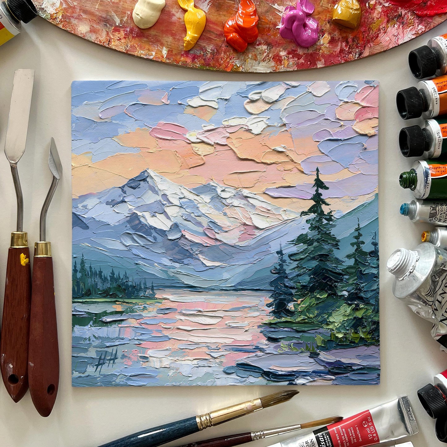 Original Oil Painting Mountain Lake at Sunset, Impasto Palette Knife Landscape, Nature Wall Art