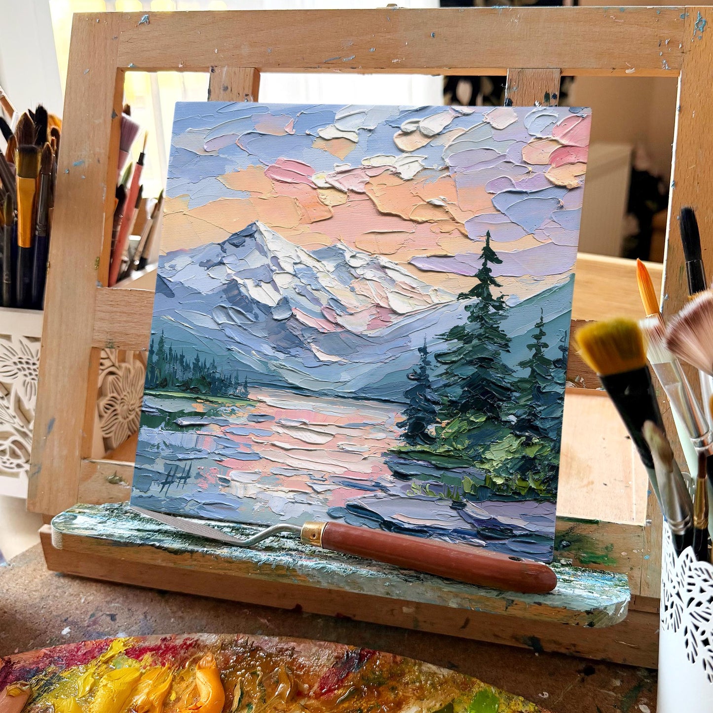 Original Oil Painting Mountain Lake at Sunset, Impasto Palette Knife Landscape, Nature Wall Art