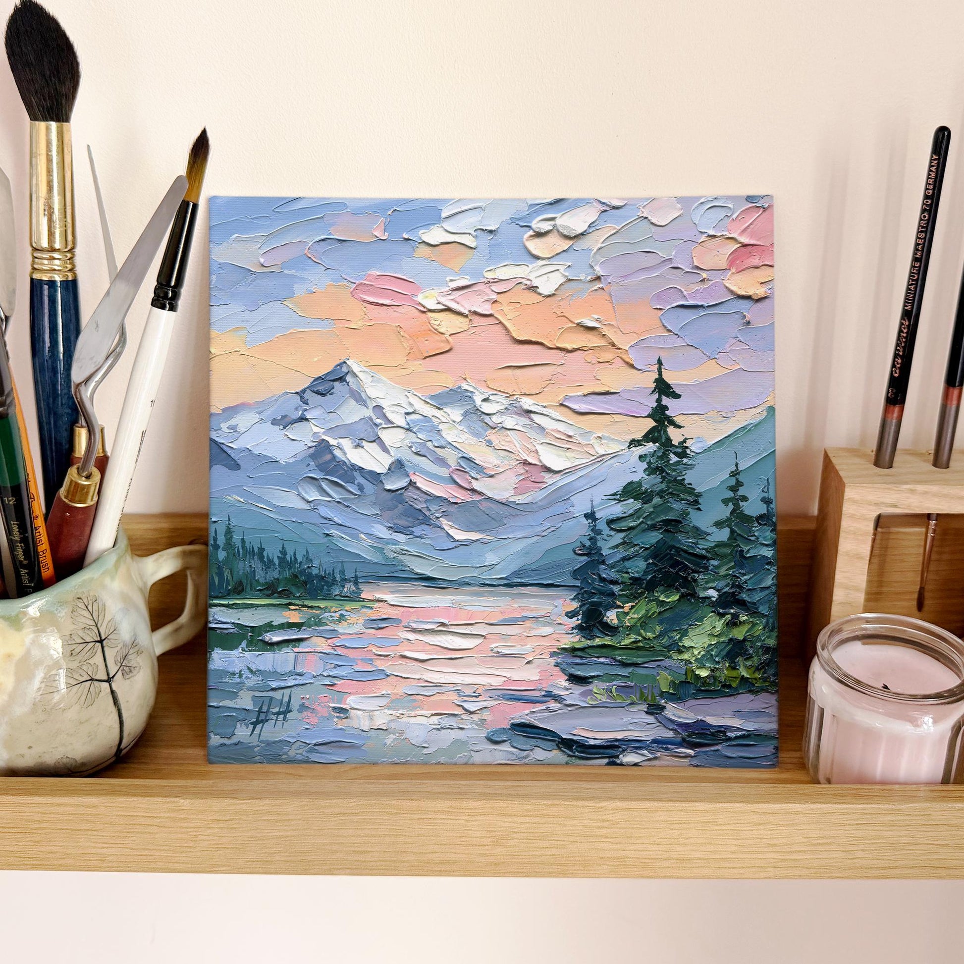 Original Oil Painting Mountain Lake at Sunset, Impasto Palette Knife Landscape, Nature Wall Art