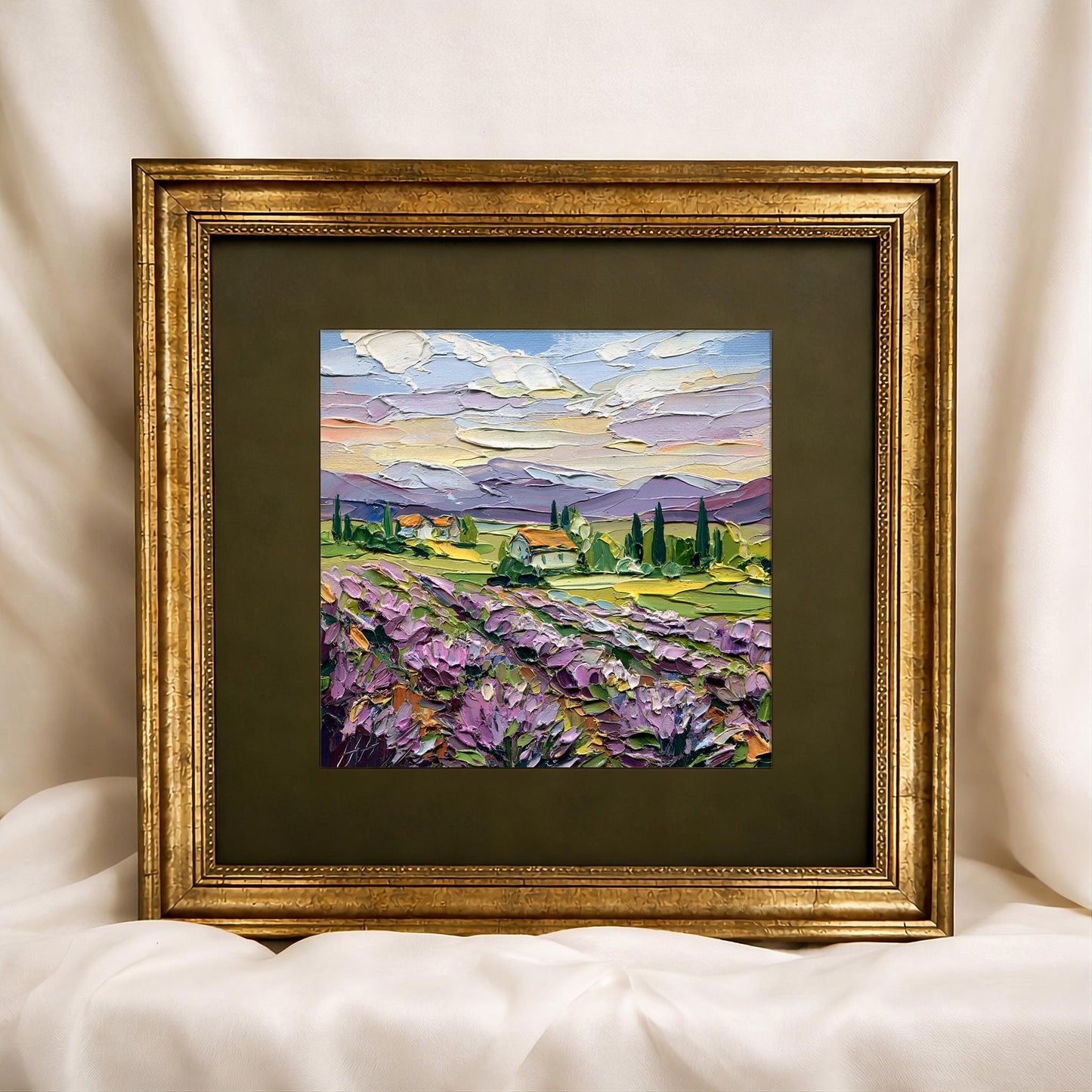 Original Lavender Oil Art, Field Landscape Painting, Impasto Palette Knife Provence, Cottage & Cypress