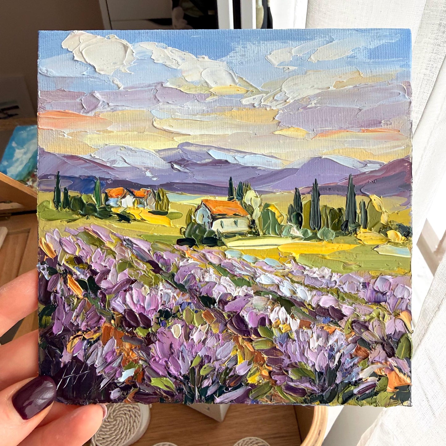 Original Lavender Oil Art, Field Landscape Painting, Impasto Palette Knife Provence, Cottage & Cypress