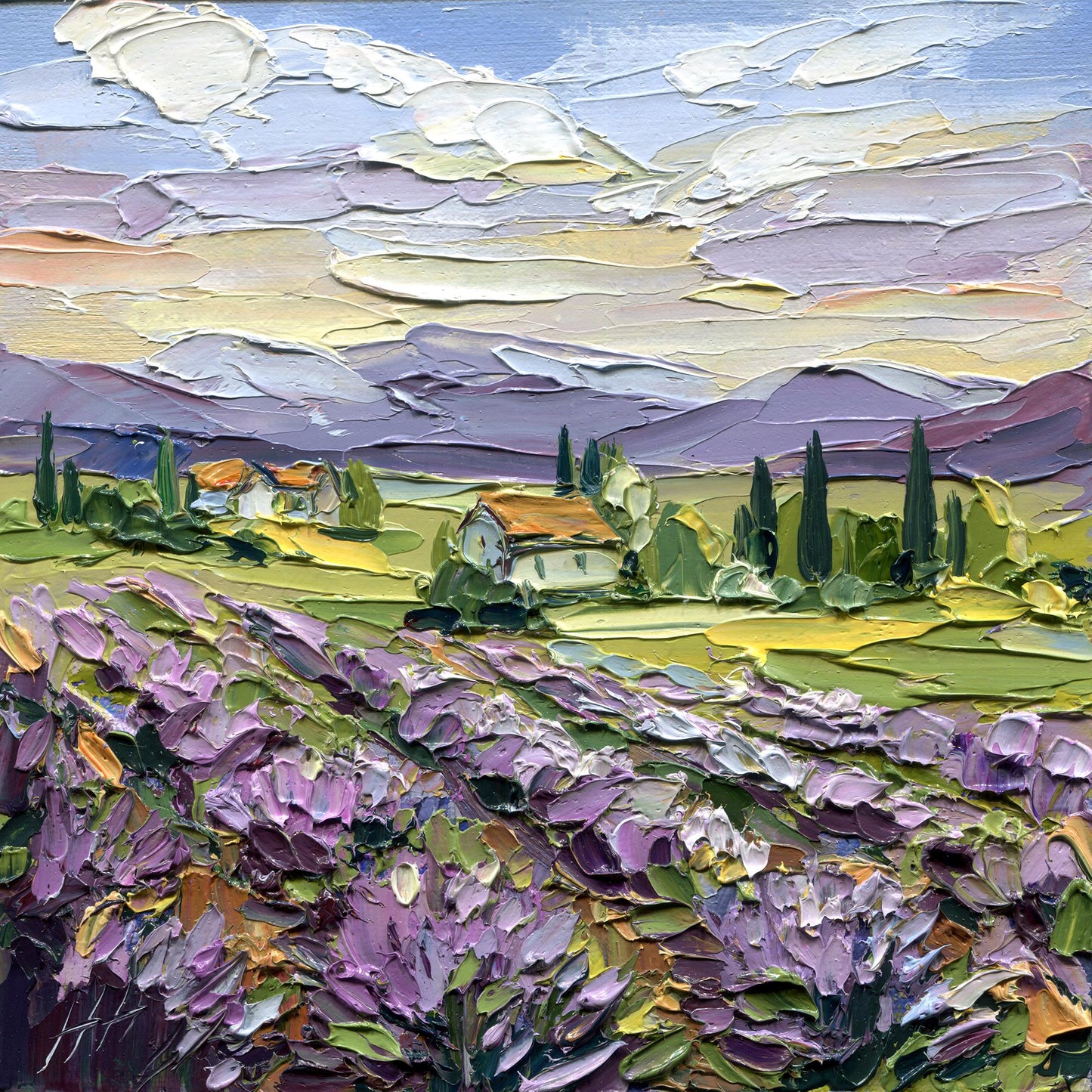 Original Lavender Oil Art, Field Landscape Painting, Impasto Palette Knife Provence, Cottage & Cypress