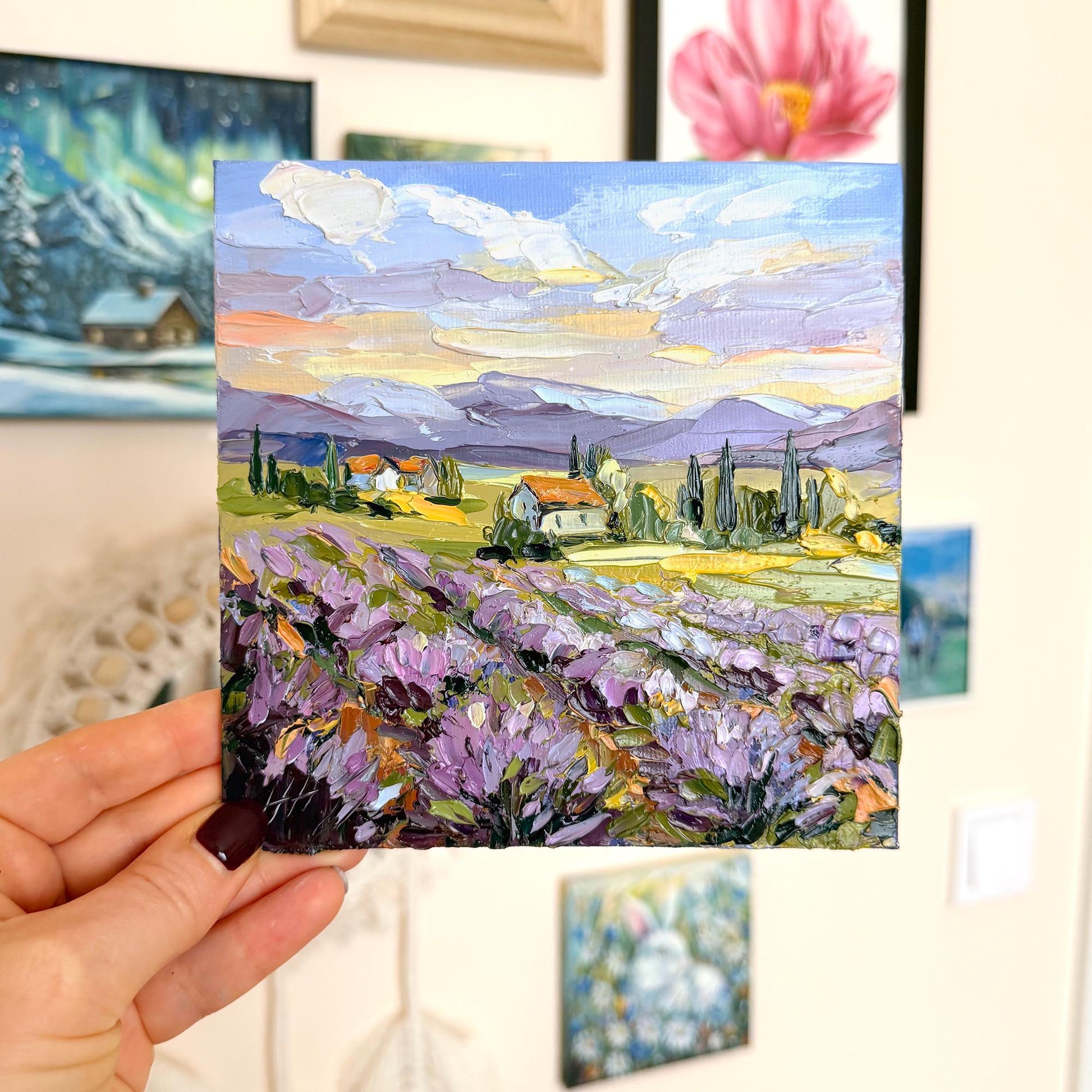 Original Lavender Oil Art, Field Landscape Painting, Impasto Palette Knife Provence, Cottage & Cypress