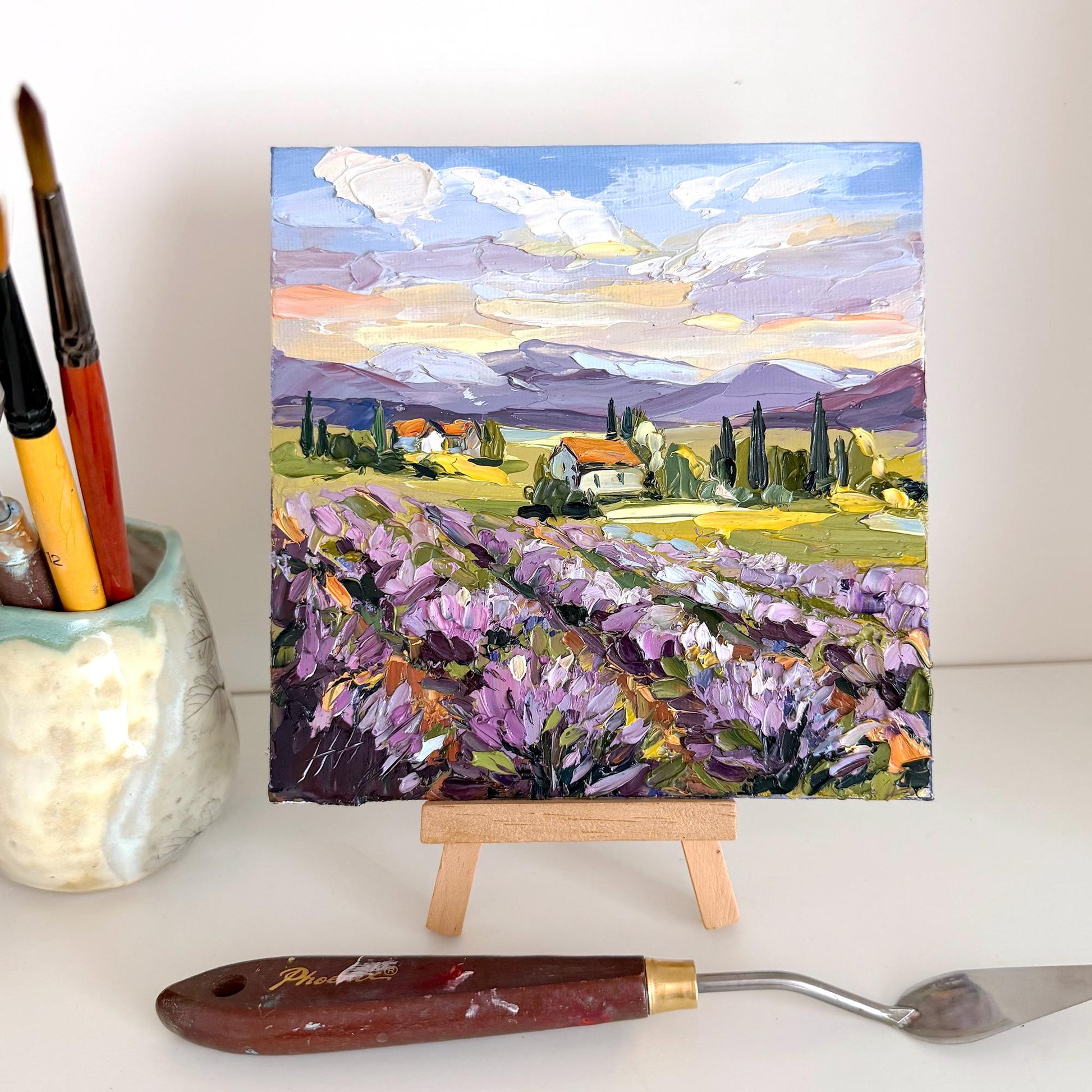 Original Lavender Oil Art, Field Landscape Painting, Impasto Palette Knife Provence, Cottage & Cypress