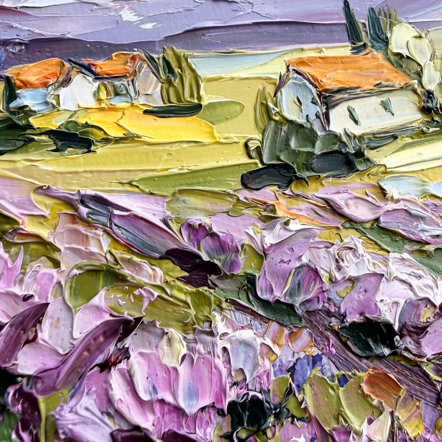 Original Lavender Oil Art, Field Landscape Painting, Impasto Palette Knife Provence, Cottage & Cypress