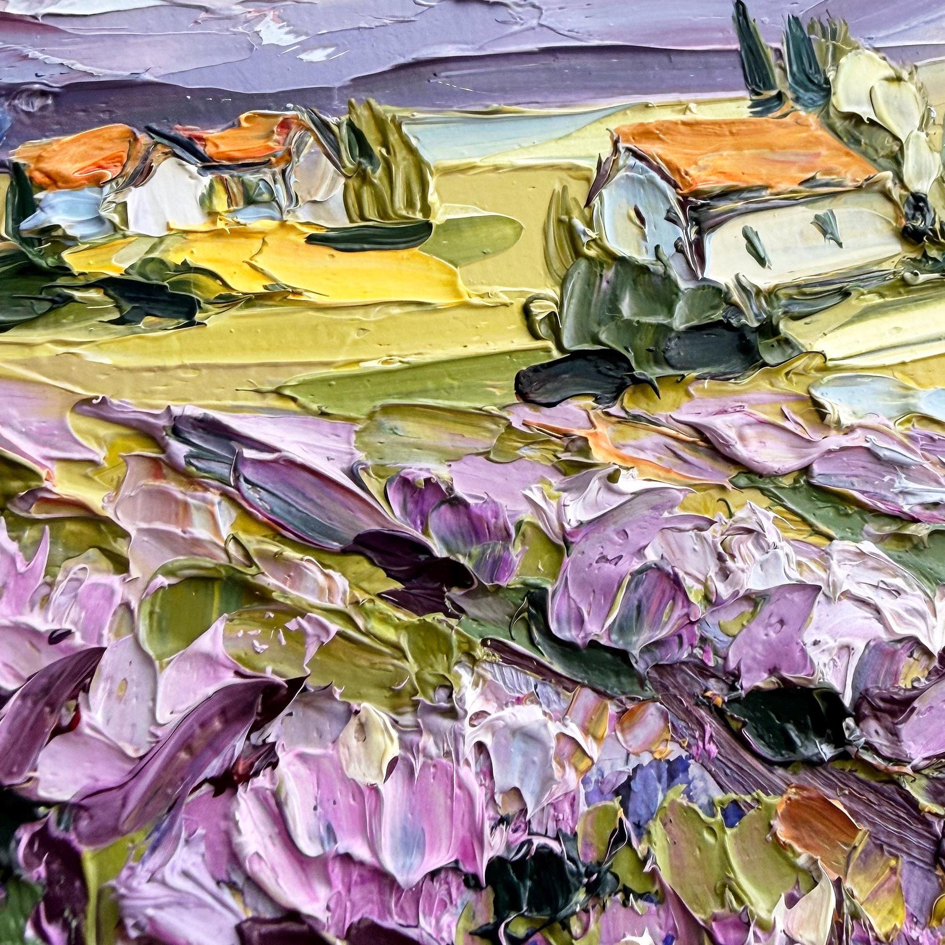 Original Lavender Oil Art, Field Landscape Painting, Impasto Palette Knife Provence, Cottage & Cypress