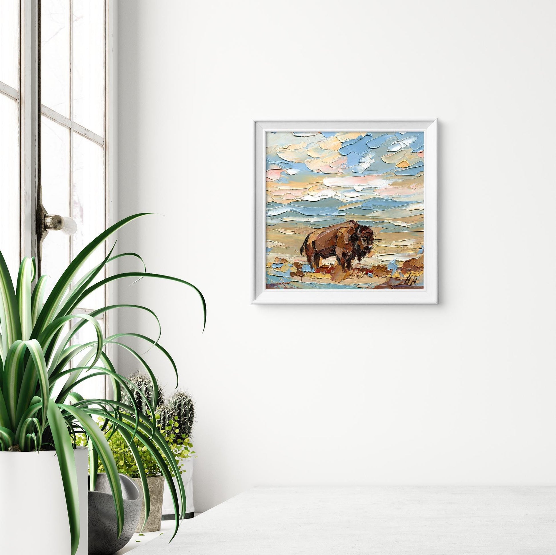 Original Bison Oil Painting Arizona Desert Landscape Impasto Palette Knife Fine Art