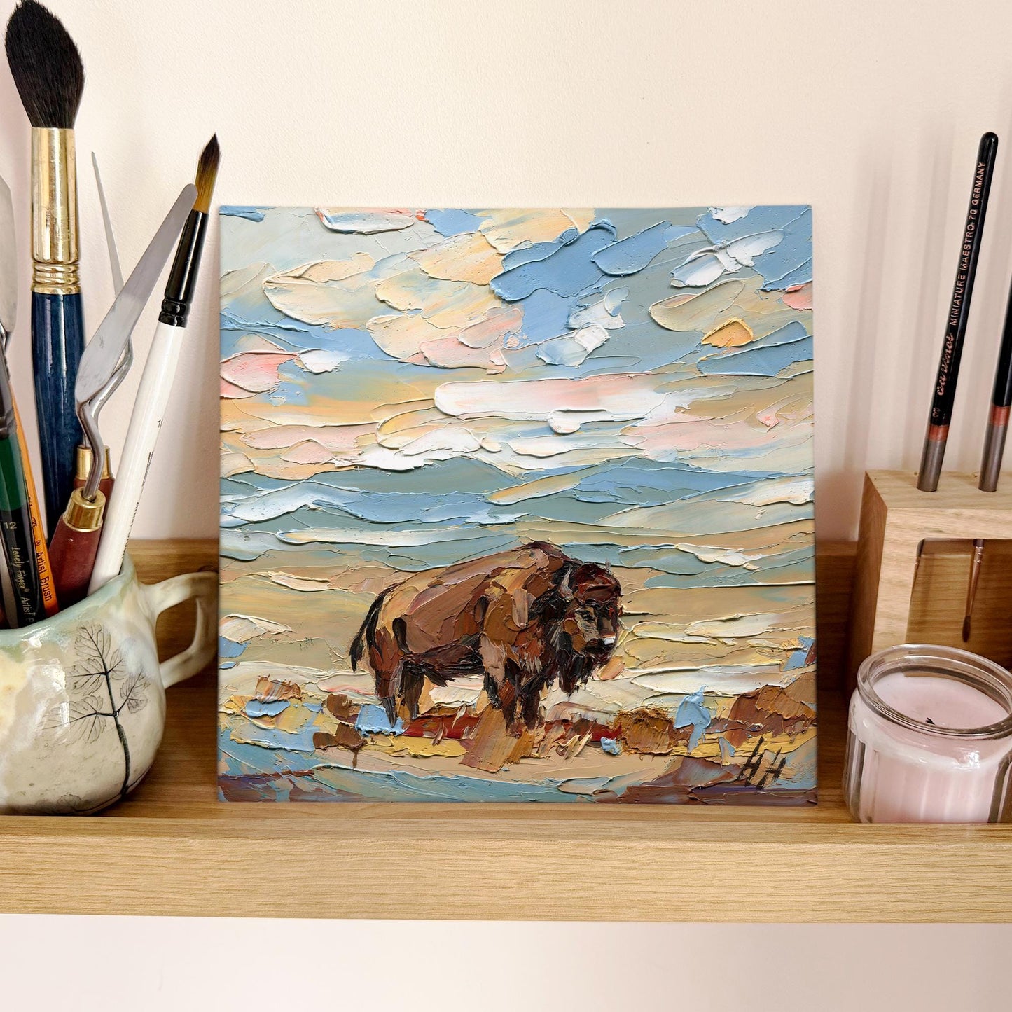 Original Bison Oil Painting Arizona Desert Landscape Impasto Palette Knife Fine Art
