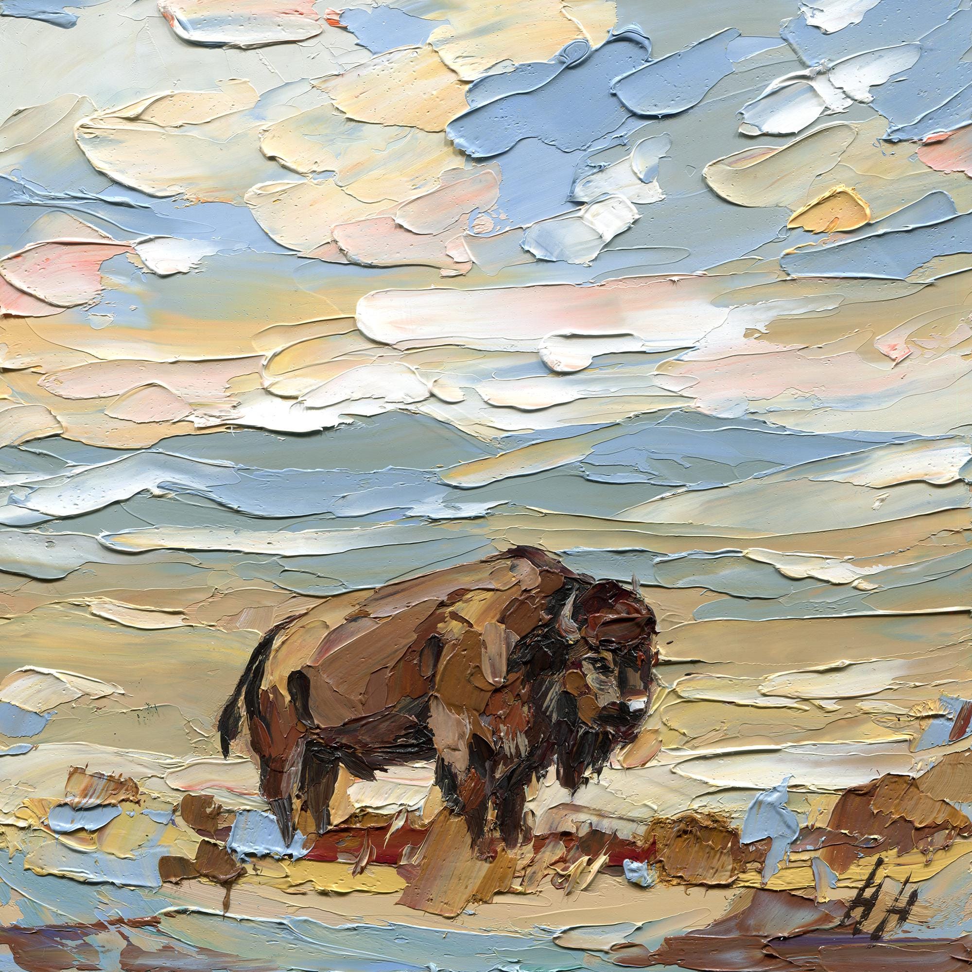 Original Bison Oil Painting Arizona Desert Landscape Impasto Palette Knife Fine Art